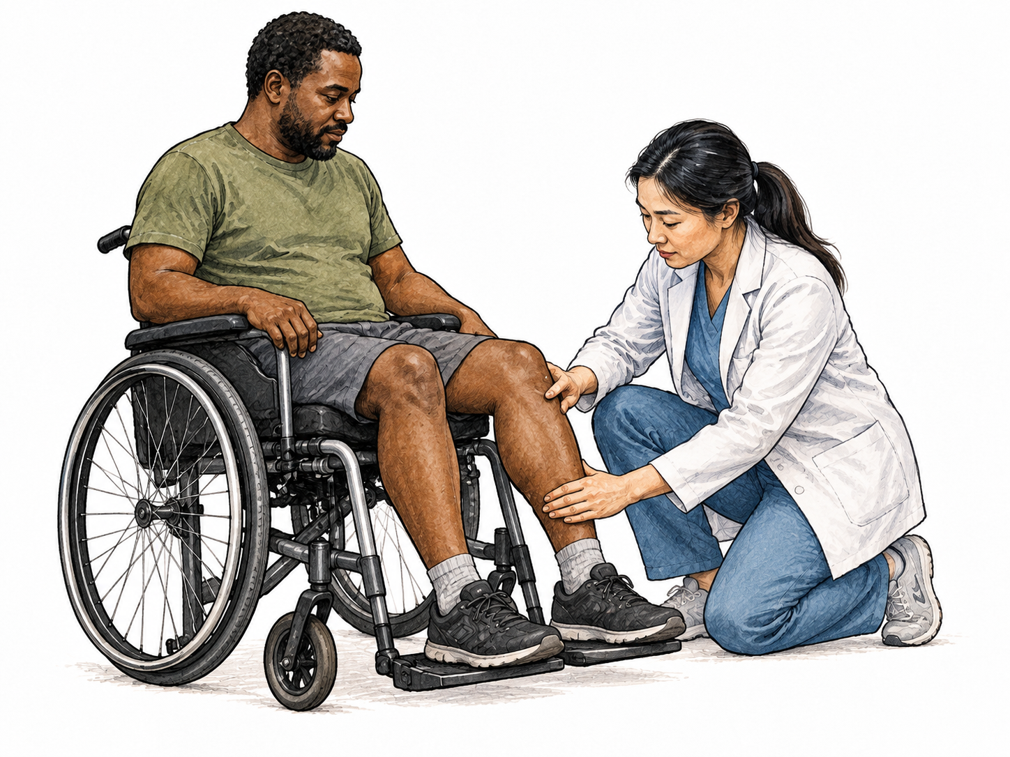 An adult wheelchair user sits upright with legs resting on footplates while a clinician gently checks a still lower leg; focus loss of movement, respect and agency, no pity or injury.