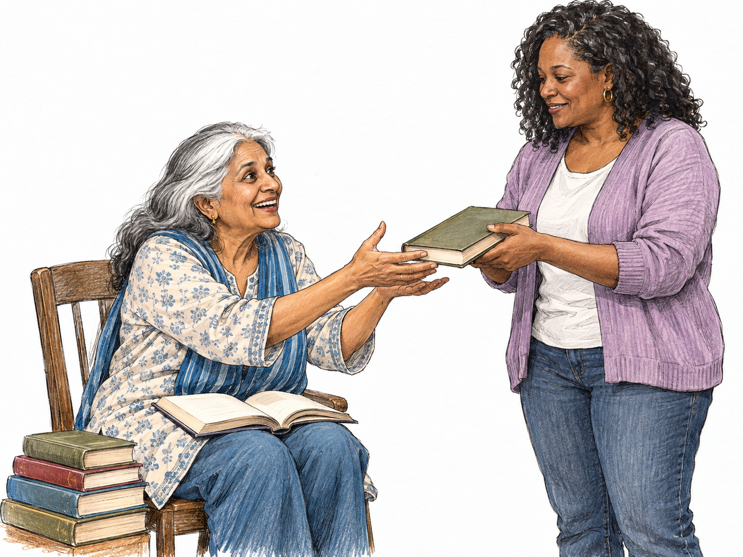 An enthusiastic reader leans eagerly toward a newly offered book, beaming and reaching for it while keeping another open on her lap.