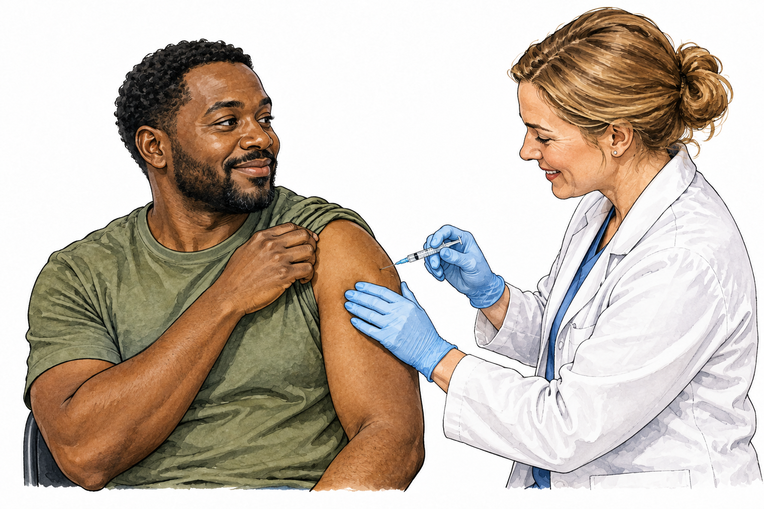 A white female clinician administers a vaccine in a Black adult man's upper arm, gloved hands correct, reassuring clinical scene.