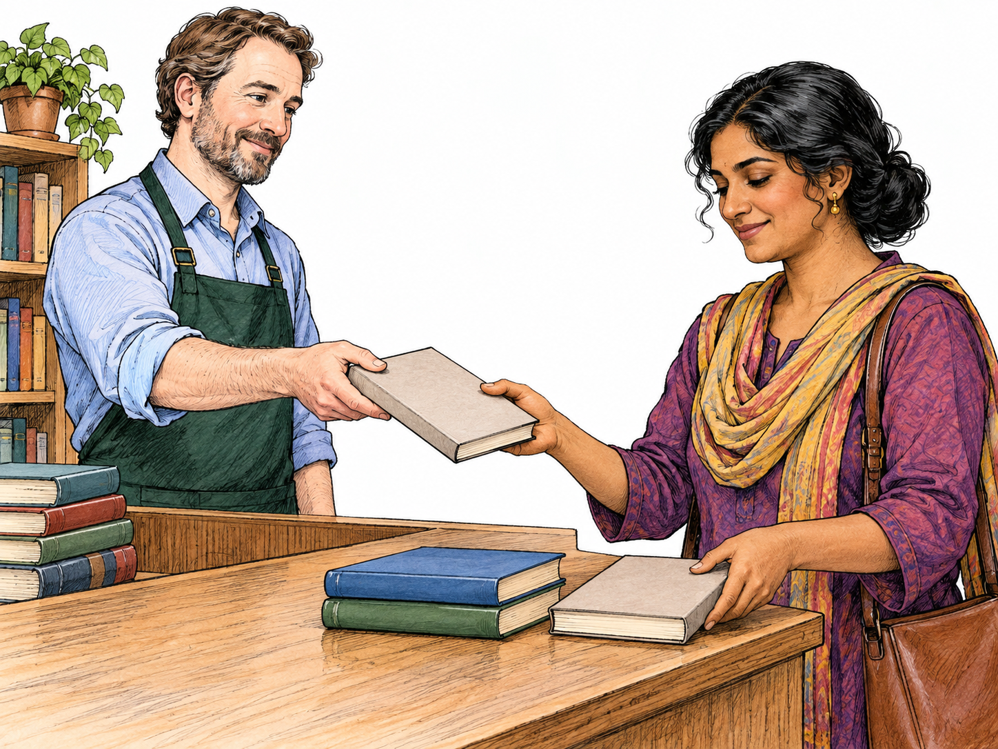 A woman receives a newly purchased plain-covered book from a bookseller and places it beside two books she already owns, clearly gaining possession; no title or shop text.