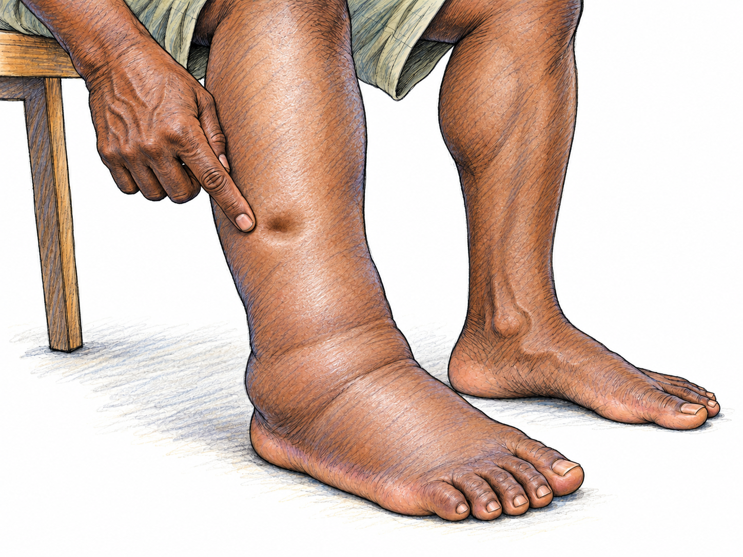 Close clinical view of a man's swollen lower leg and ankle, with a distinct lingering fingertip depression demonstrating pitting edema rather than a generic injury.