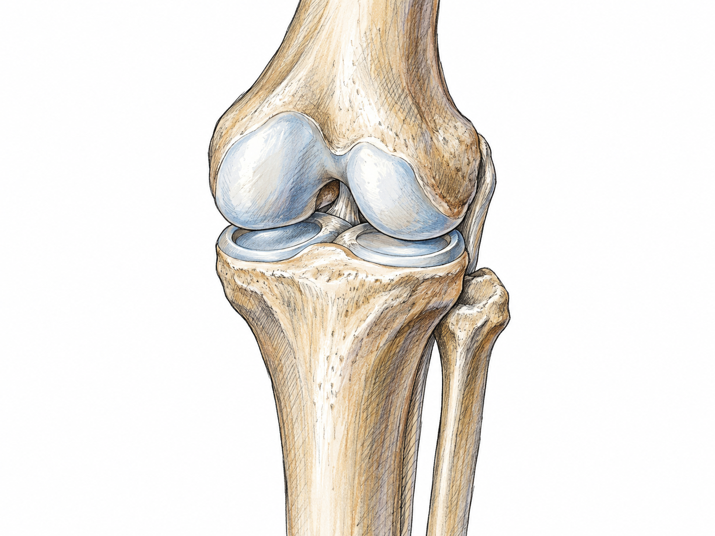 An isolated anatomical cutaway of a healthy knee joint, emphasizing the smooth articular cartilage covering the opposing ends of the femur and tibia.