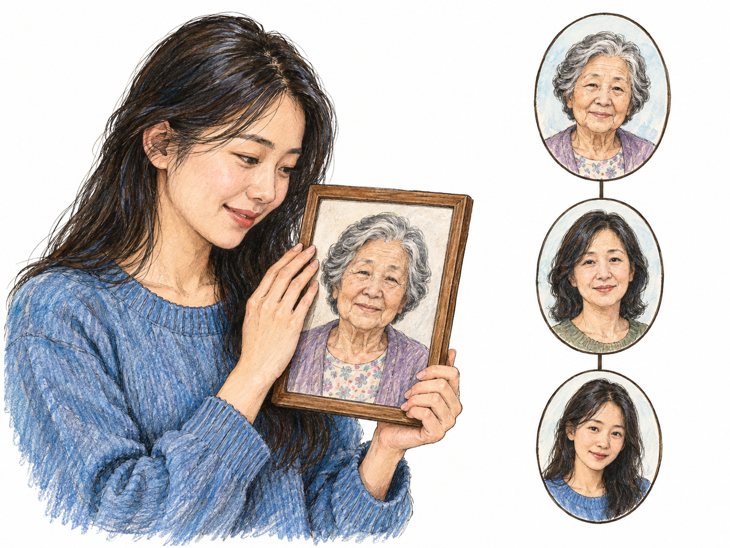 A young woman holds a framed portrait of her grandmother beside a small, wordless family tree connecting the grandmother, mother, and herself, making direct descent explicit.