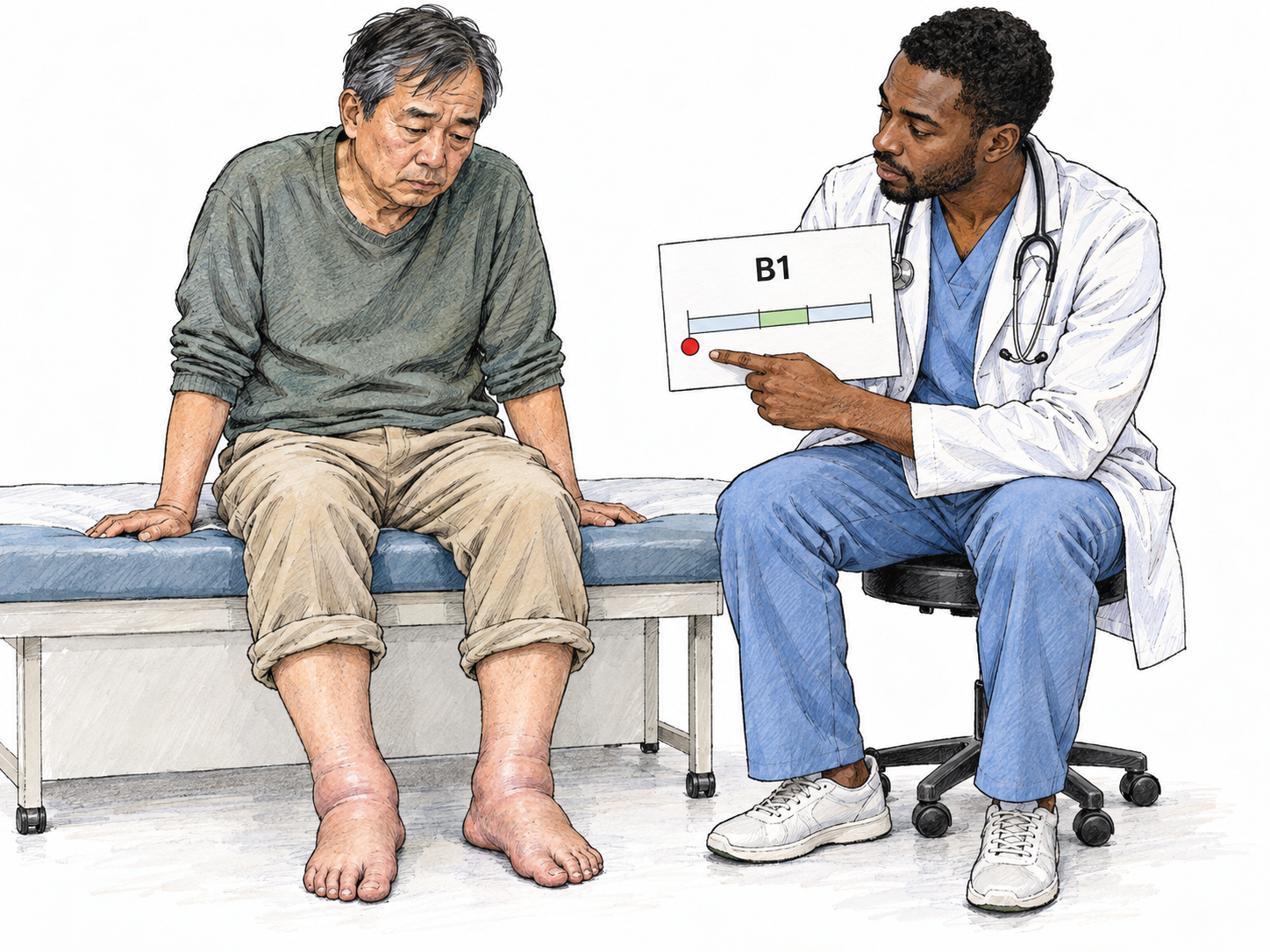 A visibly weak patient with swollen ankles sits on an examination bench while a clinician shows a simple vitamin B1 test result with its marker at the extreme low end of the reference range.