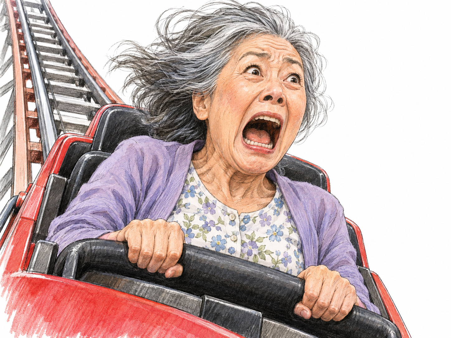 An older woman screams during a roller-coaster descent, her mouth stretched wide, eyes widened and neck visibly tense as she grips the safety bar.