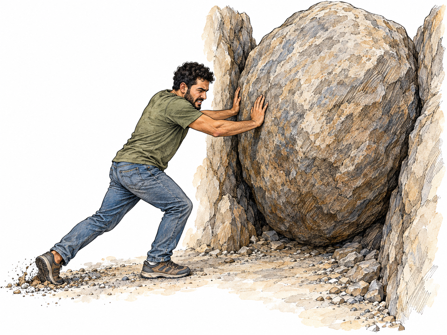 A man strains with both hands against an enormous boulder blocking a narrow passage, visibly dwarfed by the obstacle.