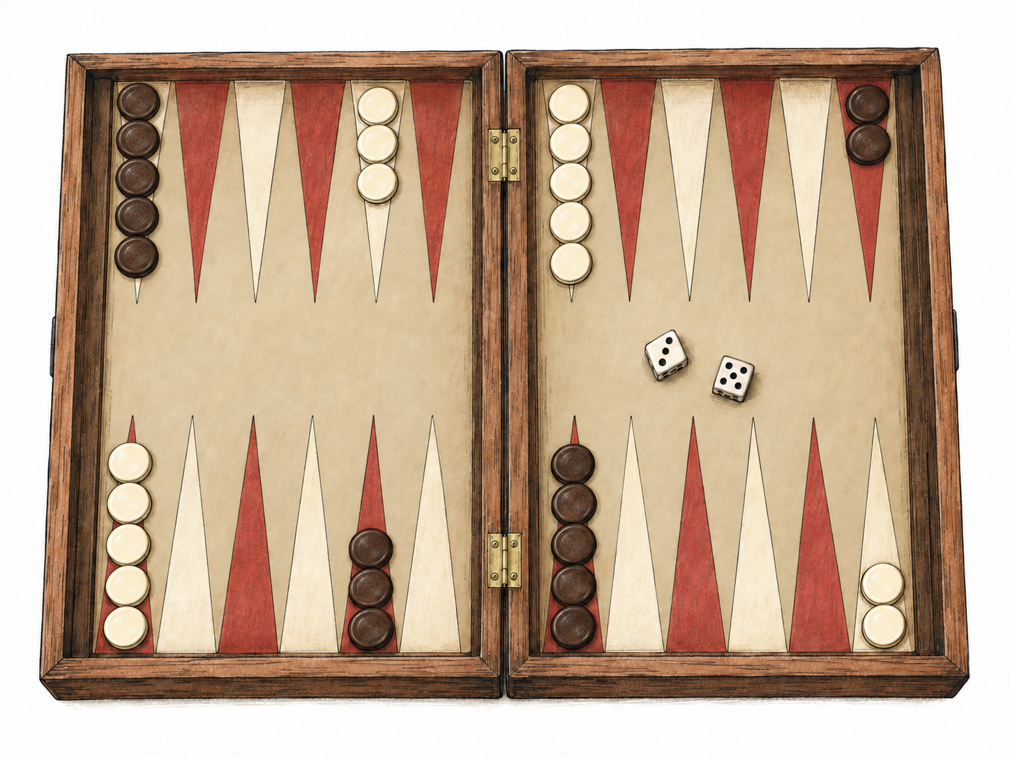 An unobstructed, nearly overhead view of an open backgammon board in its standard starting position, with two dice.