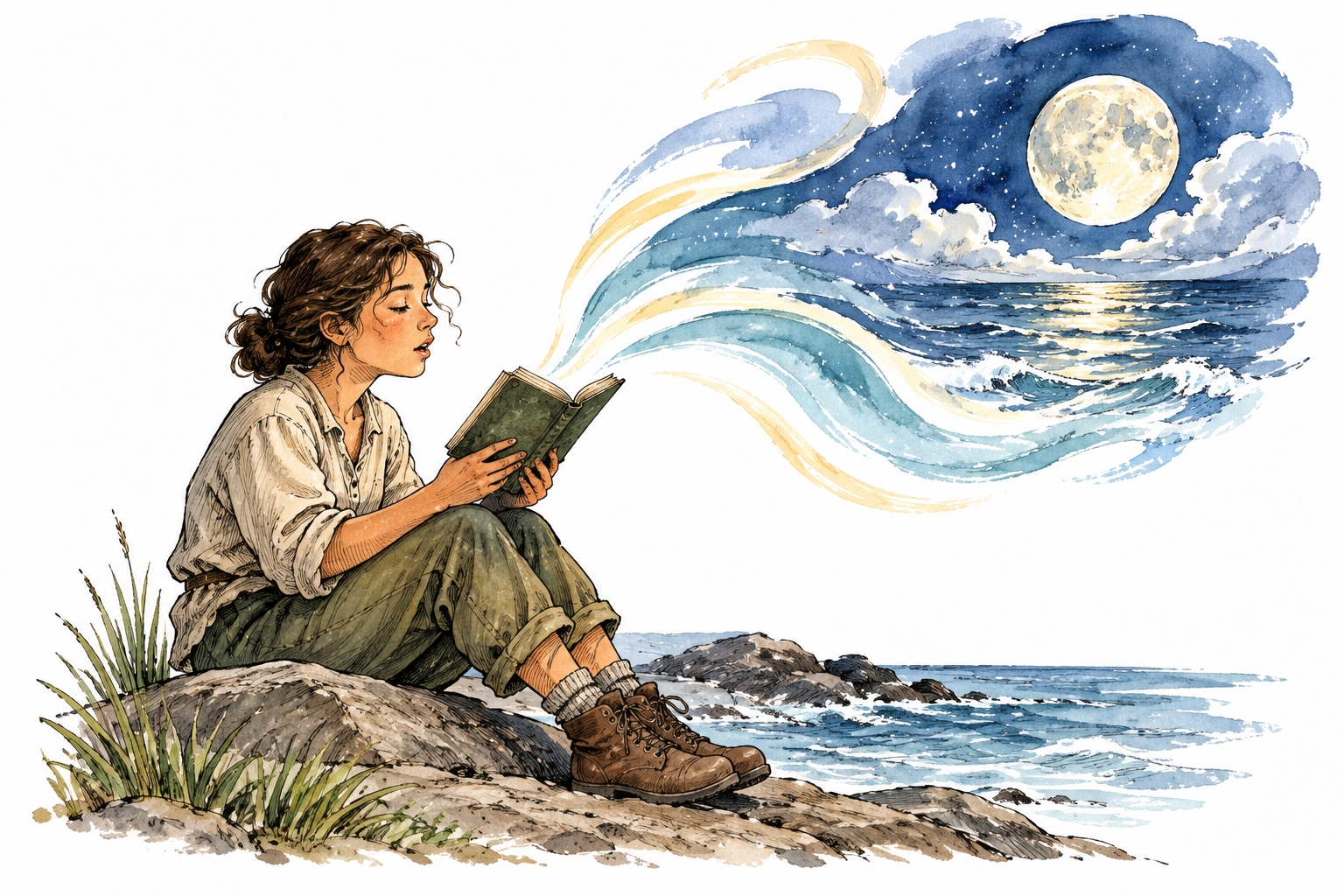 A reader softly recites verse from a small book while evocative watercolor imagery of moon and sea rises gently around them, pages only abstract strokes.