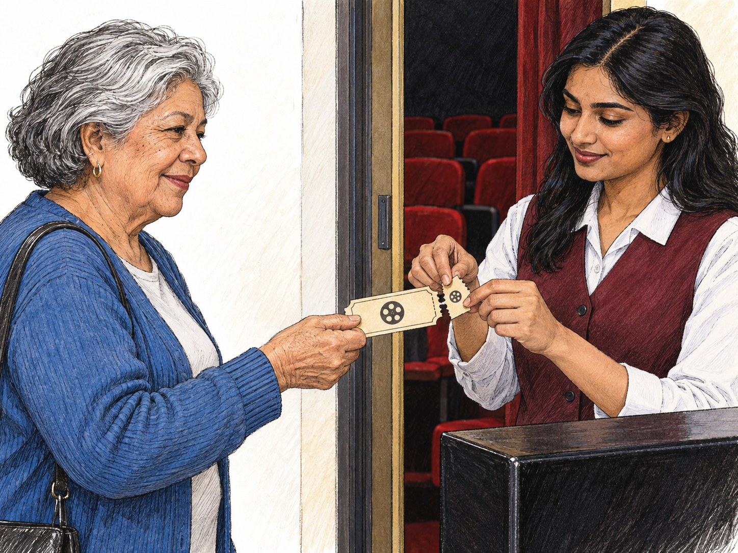 At a cinema entrance, an older woman presents a paper admission ticket while a young attendant tears off its perforated stub.