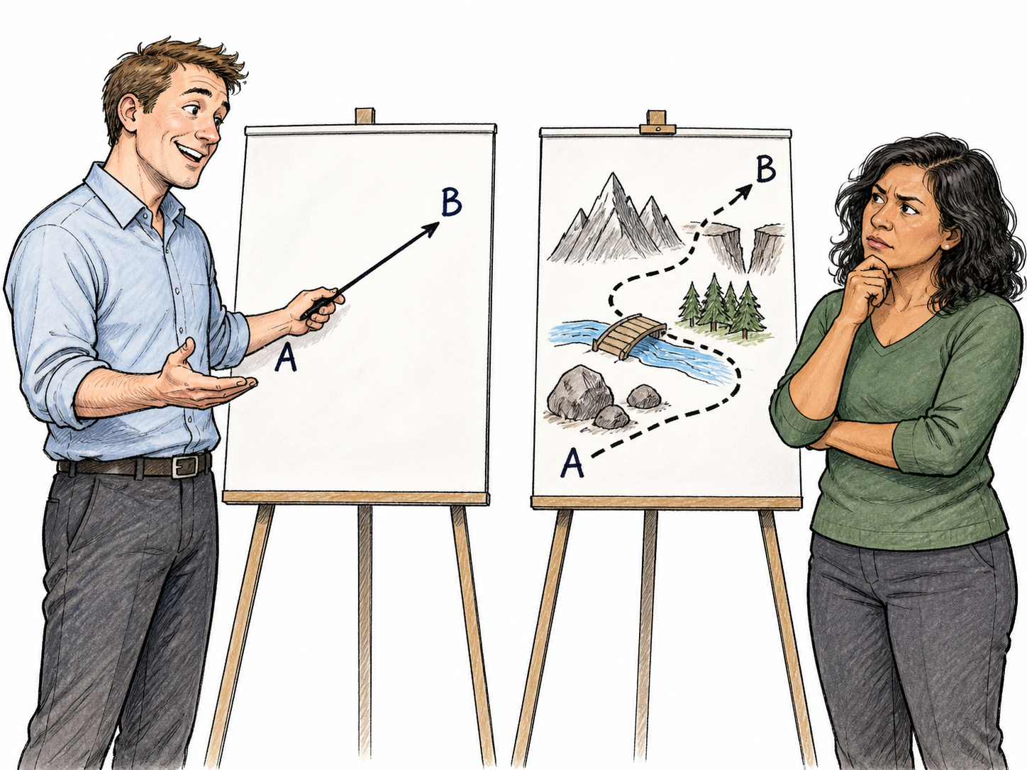 A presenter confidently offers a simplistic one-step sketch while a second pictorial plan shows several unaddressed obstacles; shallow easy answer rather than genuine solution, no slogans.