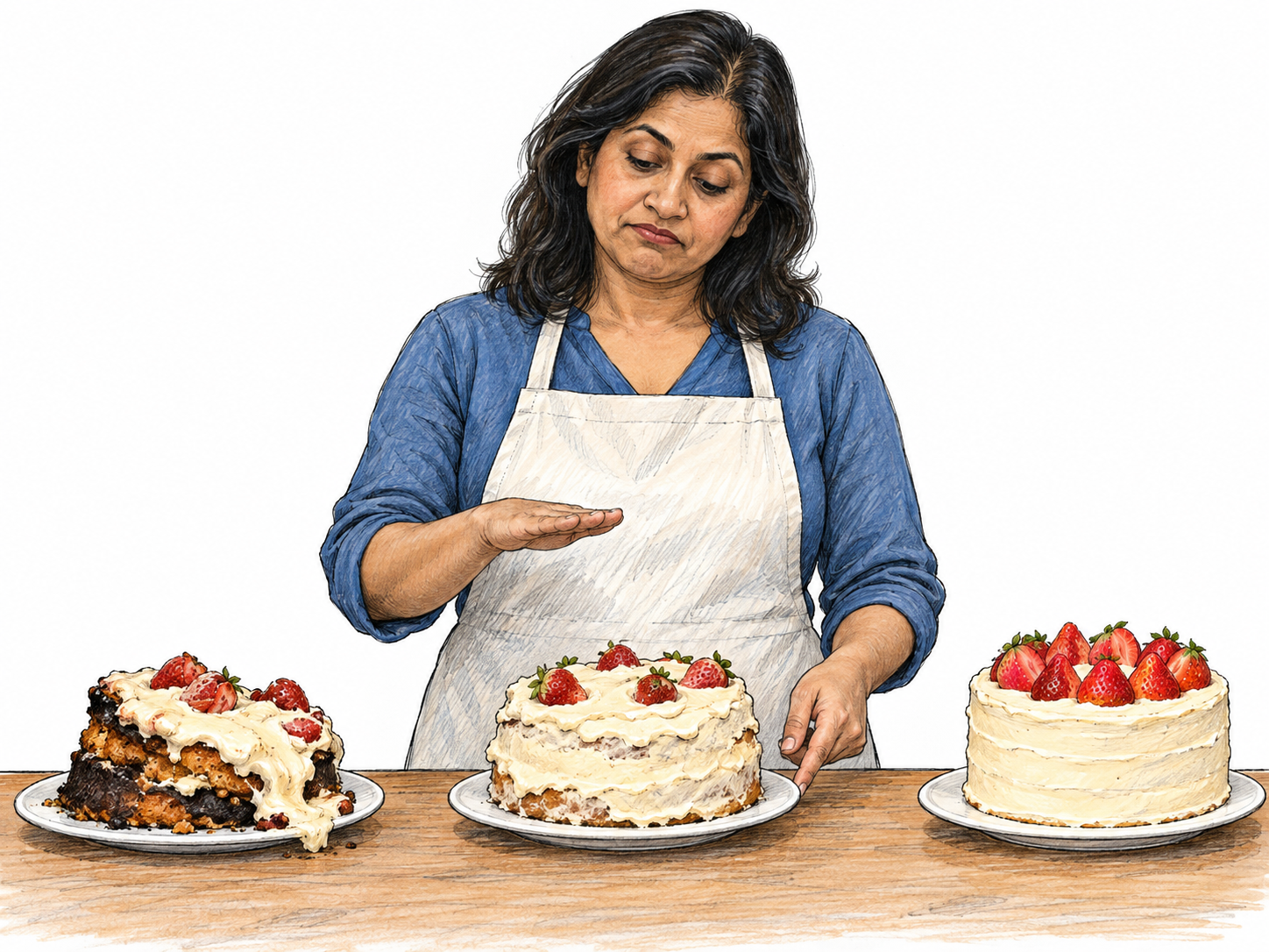 A baker assesses three small cakes of visibly different quality.