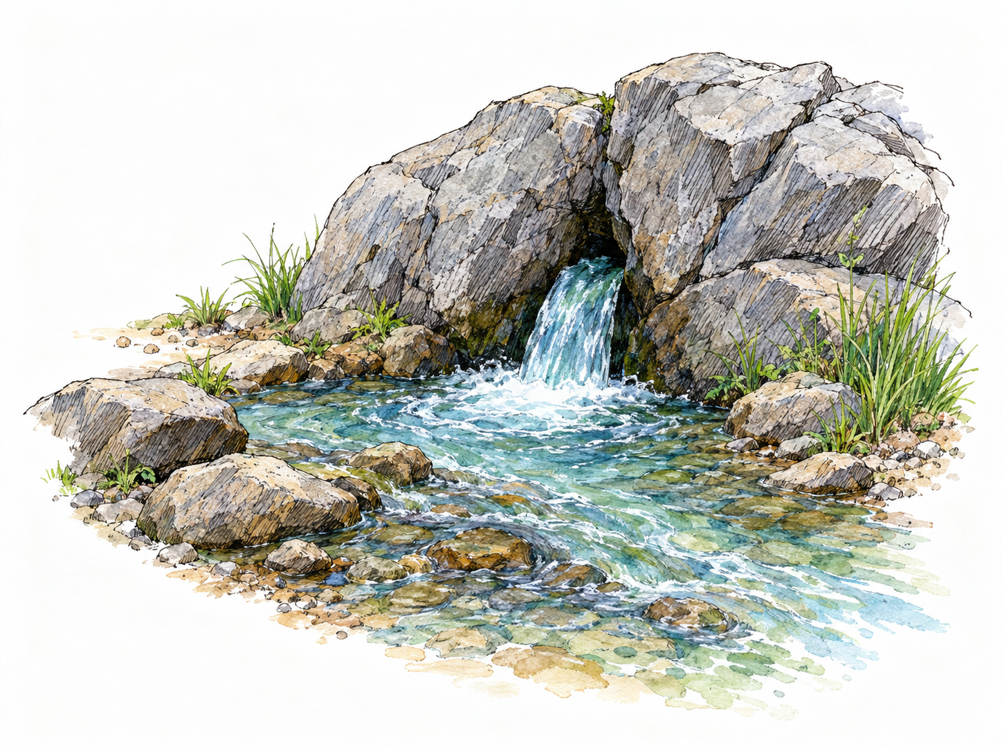 A small stream visibly begins at a spring in a rock face: water emerges from one dark cleft and flows outward into a short, widening channel.