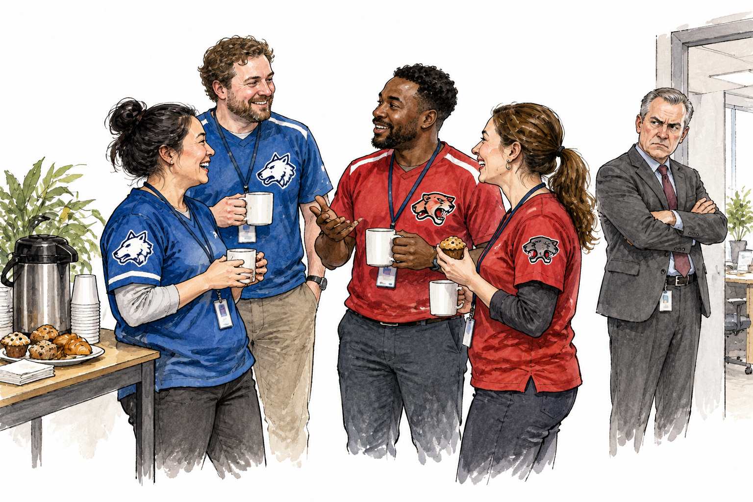 Employees and opposing-team members mingle socially over coffee despite disapproving supervisor nearby.