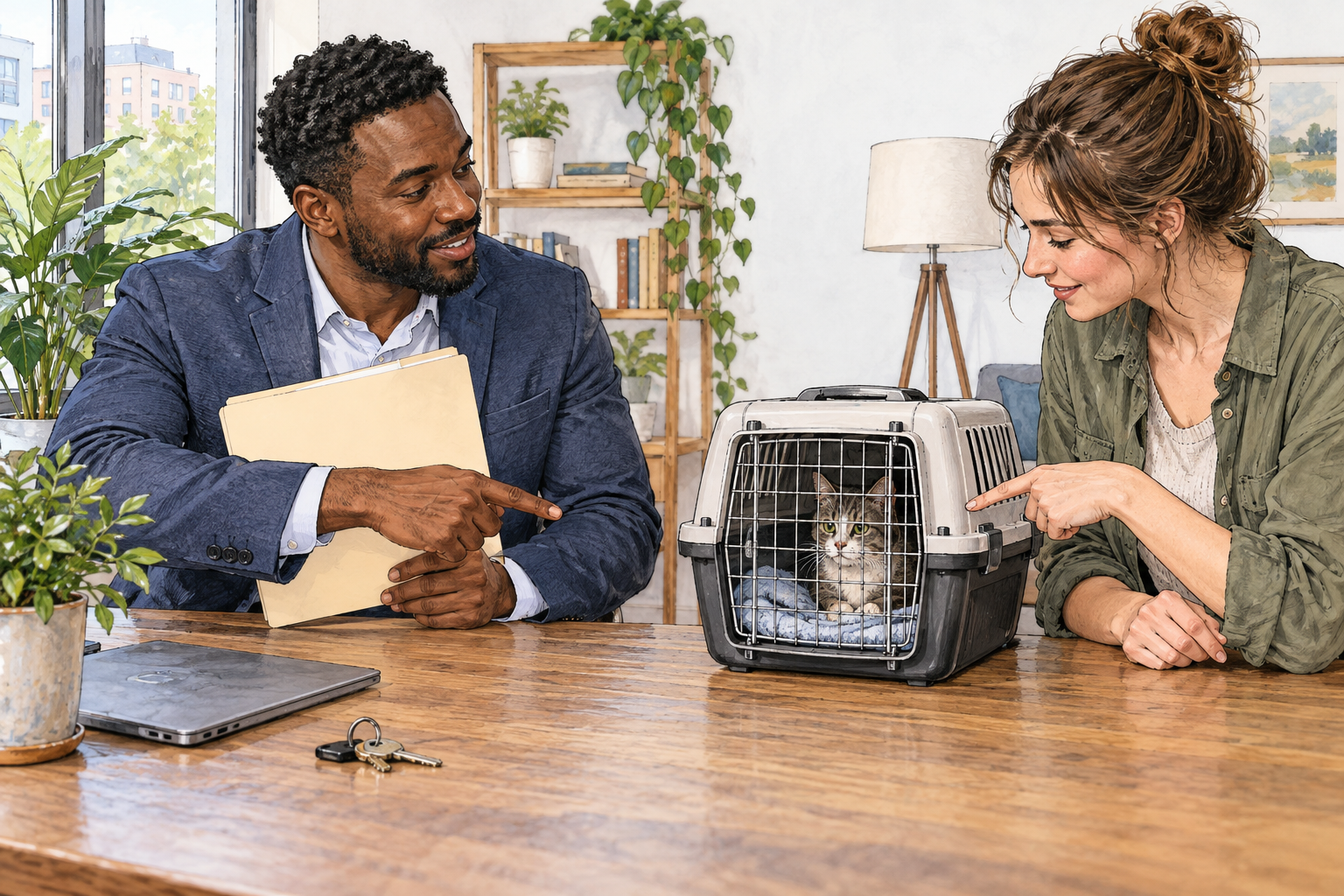 Two adults arranging a rental agreement point specifically to a small pet carrier as a required condition, plain folder, no writing.