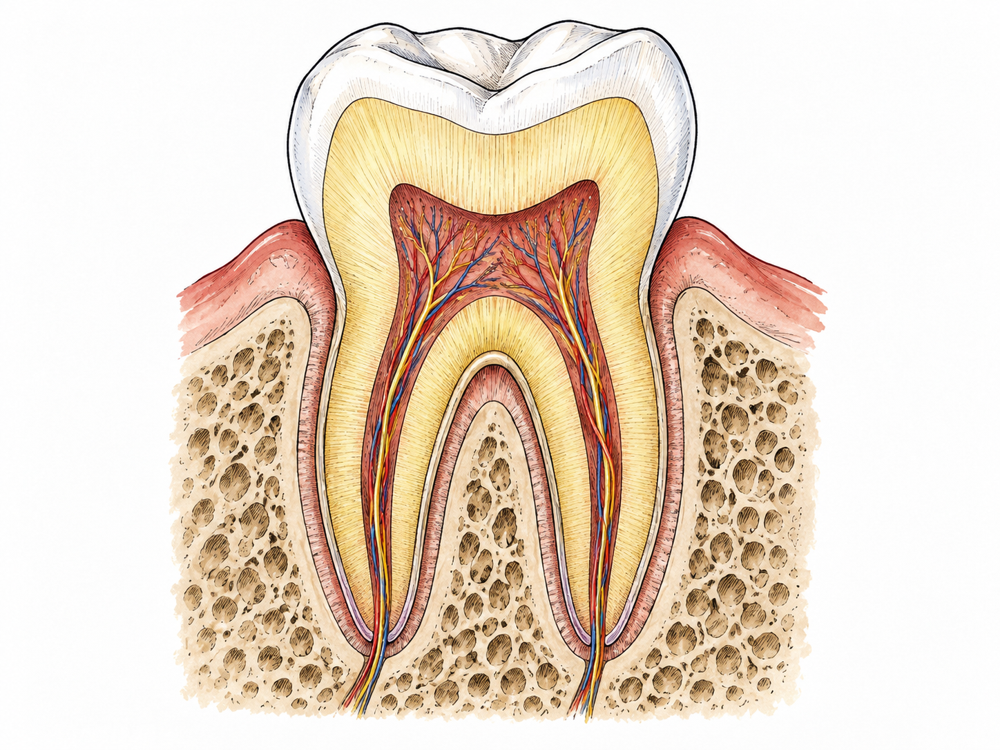 Tooth cross section with white enamel, broad pale-yellow dentin layer and central red pulp accurately distinct.