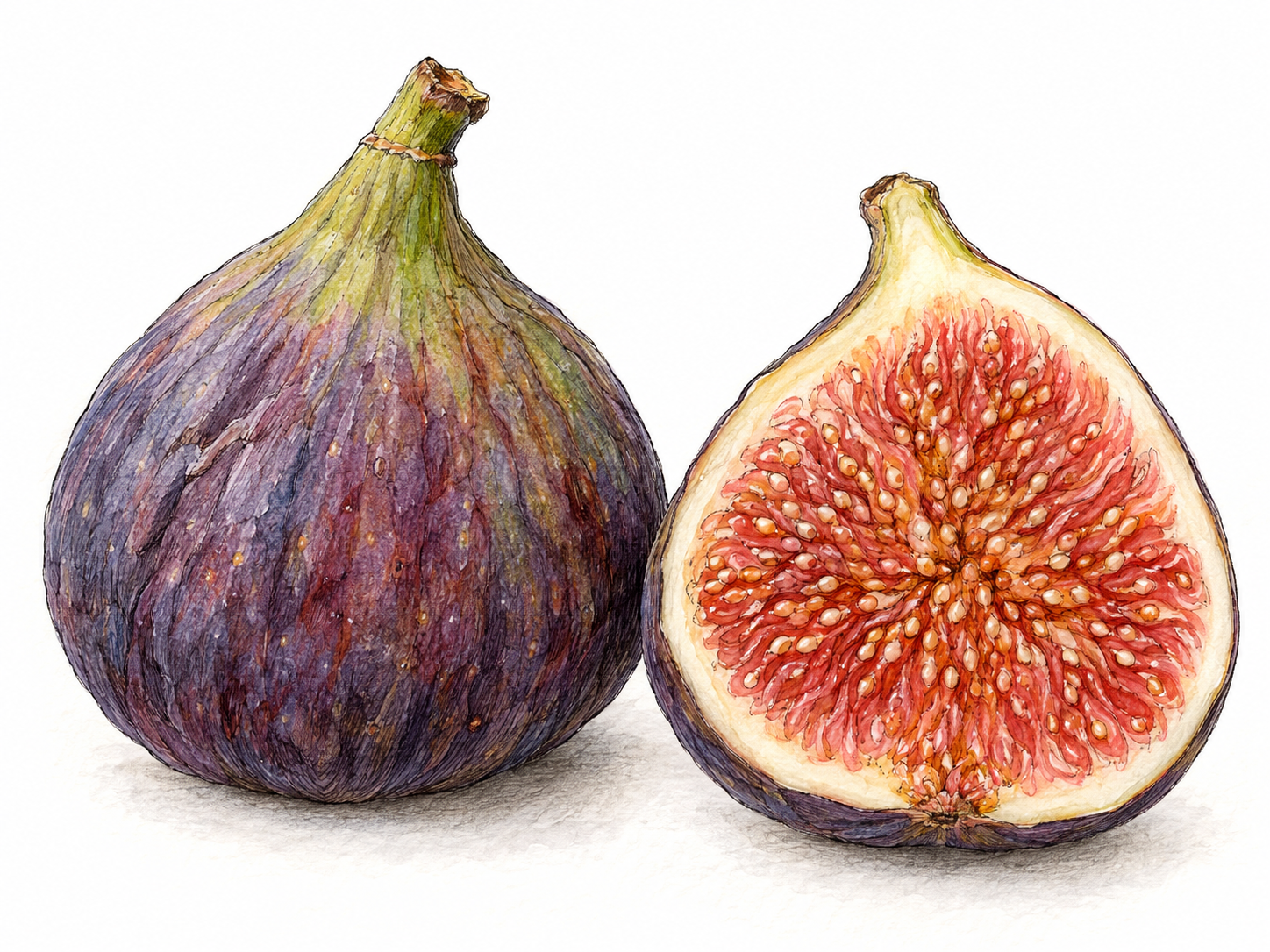 A ripe whole fig beside a lengthwise-cut half, showing the fruit’s pear-shaped outline, tender flesh, and many tiny seeds.