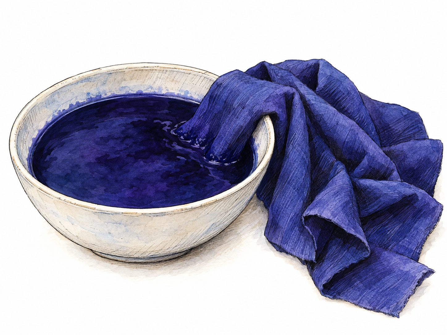 A shallow white ceramic bowl of deep blue-purple dye beside a folded cotton cloth stained the same indigo hue, with one cloth corner dipping into the dye.