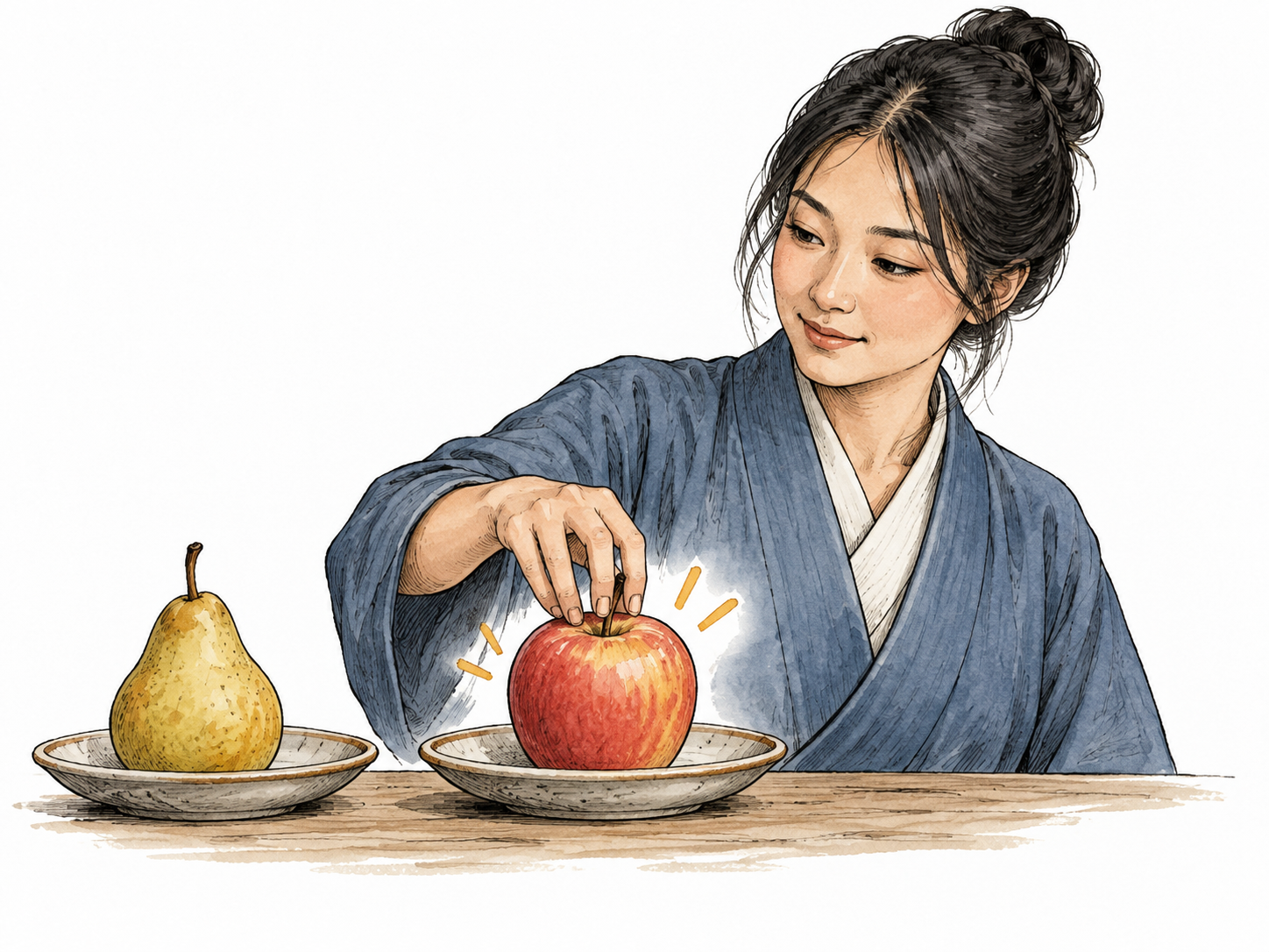 An East Asian diner gently chooses an apple instead of a pear from two offerings.