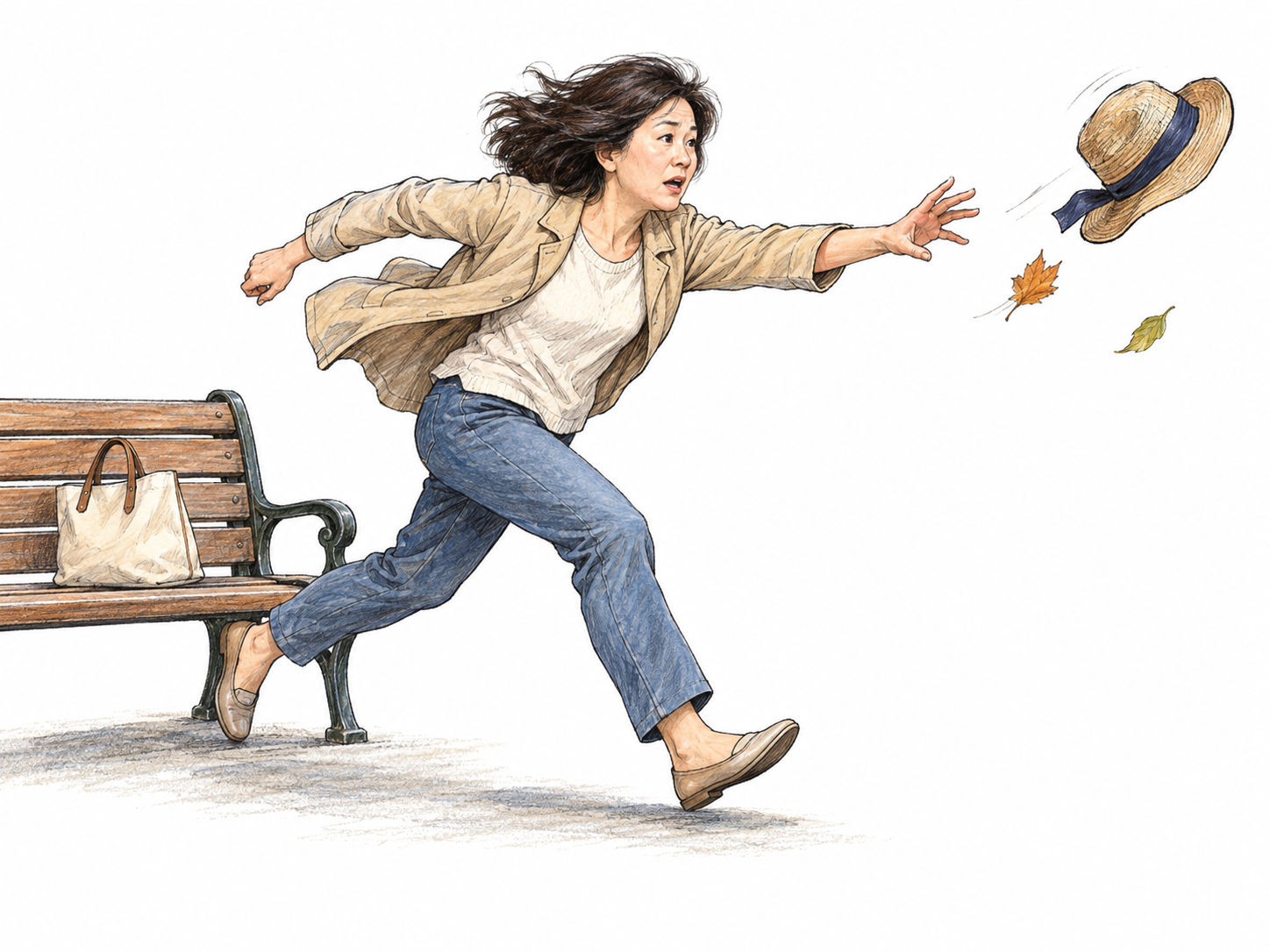 A woman abruptly dashes from a park bench to catch her windblown hat, leaning into her first long, rapid stride while the hat tumbles just beyond her reach.