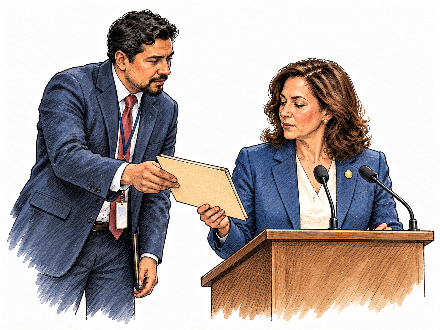 Adult Latino male aide hands a plain folder to a female public official preparing to speak at simple lectern, anticipatory assistance, no printed text.