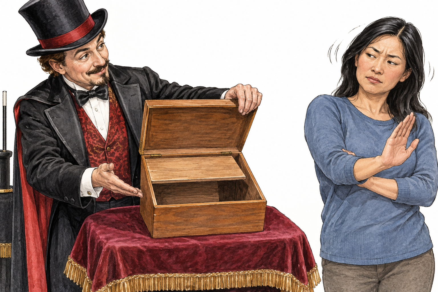 A skeptical adult shakes their head at an obvious stage magician's false-bottom box shown open, rejecting the illusion as real; no text.