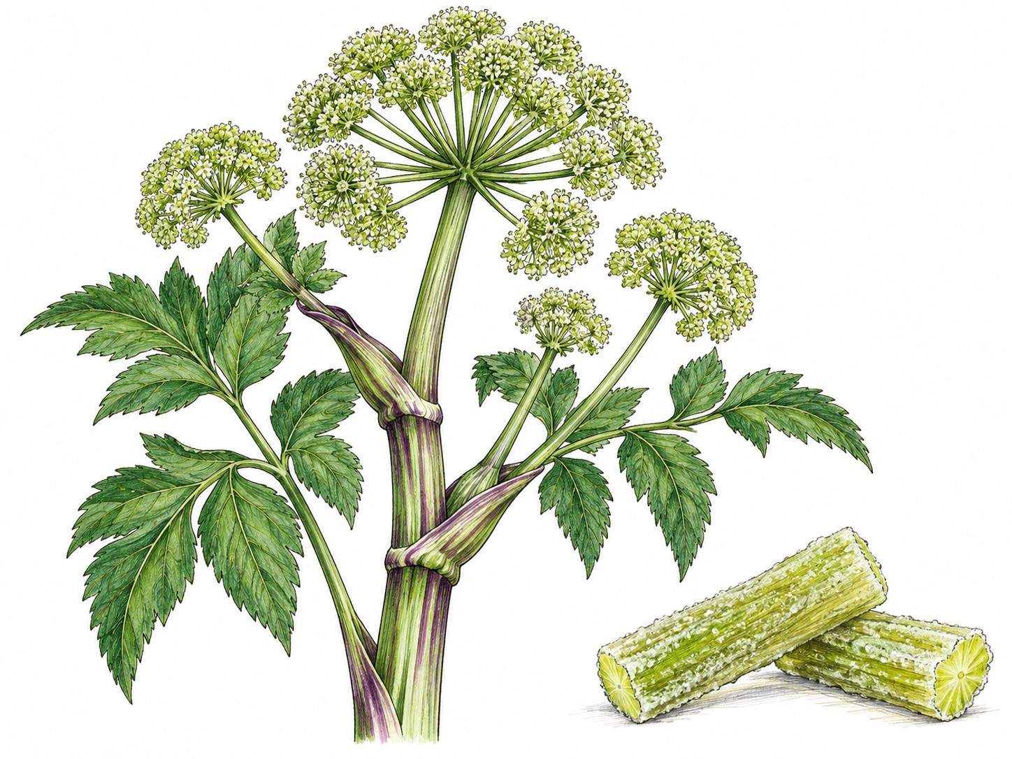 An accurate angelica plant study with stout hollow green-purple stem, compound serrated leaves and rounded pale-green flower umbels, beside two short candied stalk pieces; no labels.