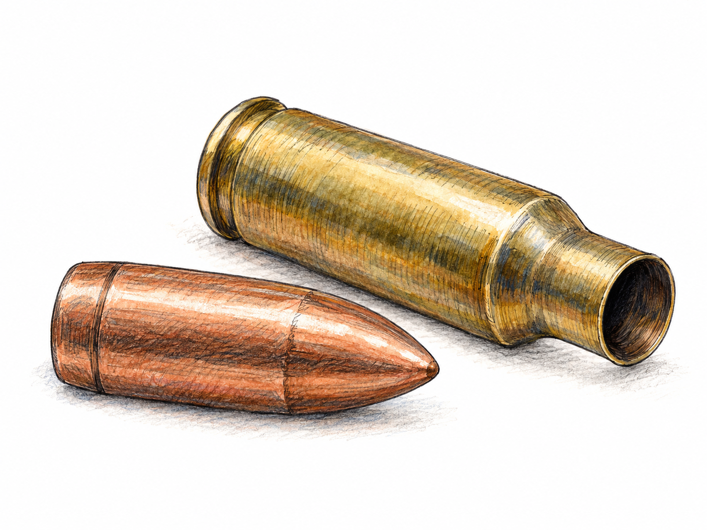 A close-up still life of a single copper-jacketed bullet beside an empty brass cartridge case, clearly separated so the solid projectile is not confused with the complete cartridge.