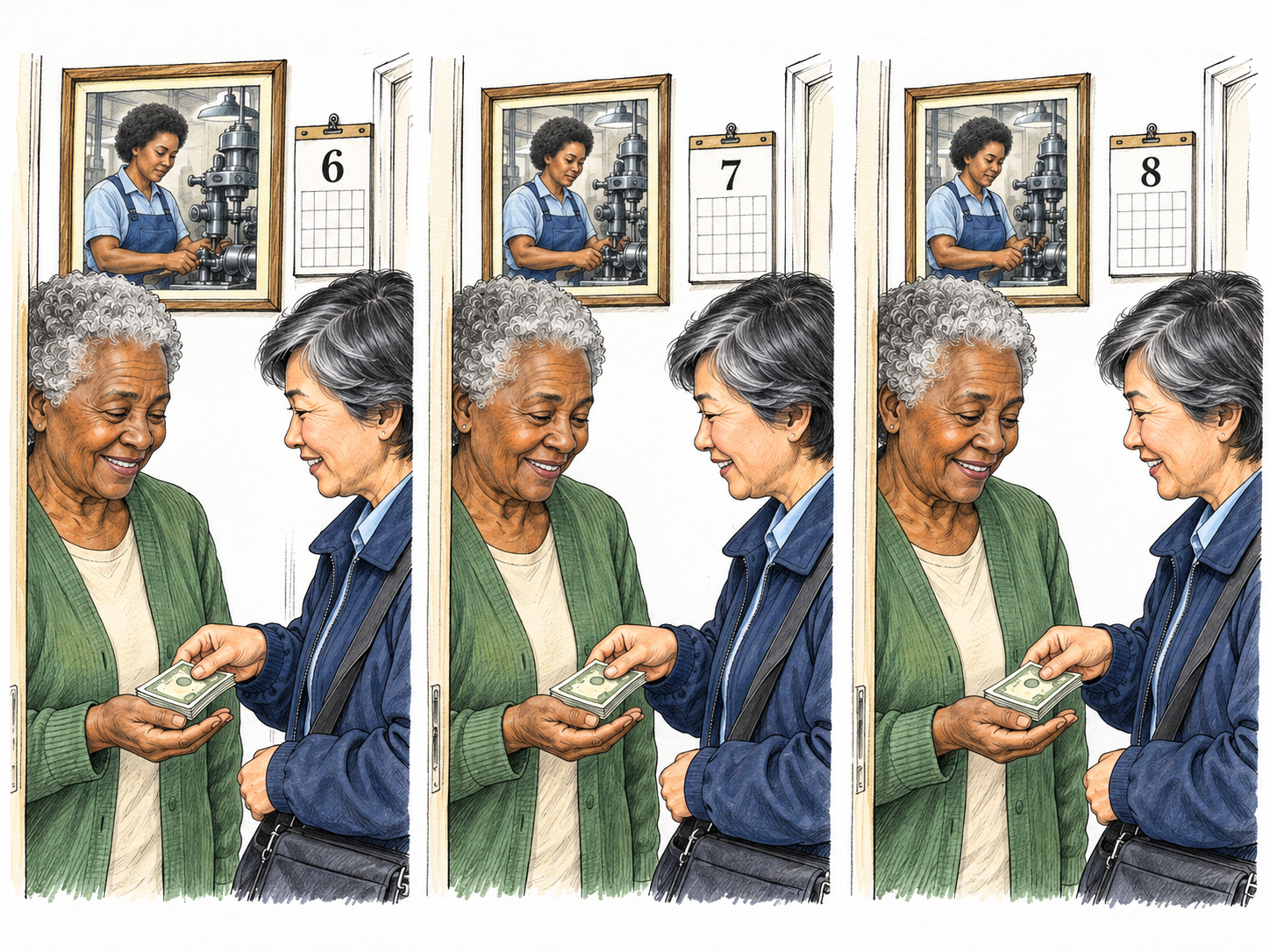 A compact three-month sequence shows the same retired factory worker receiving equal cash payments from a postal payment carrier at home.