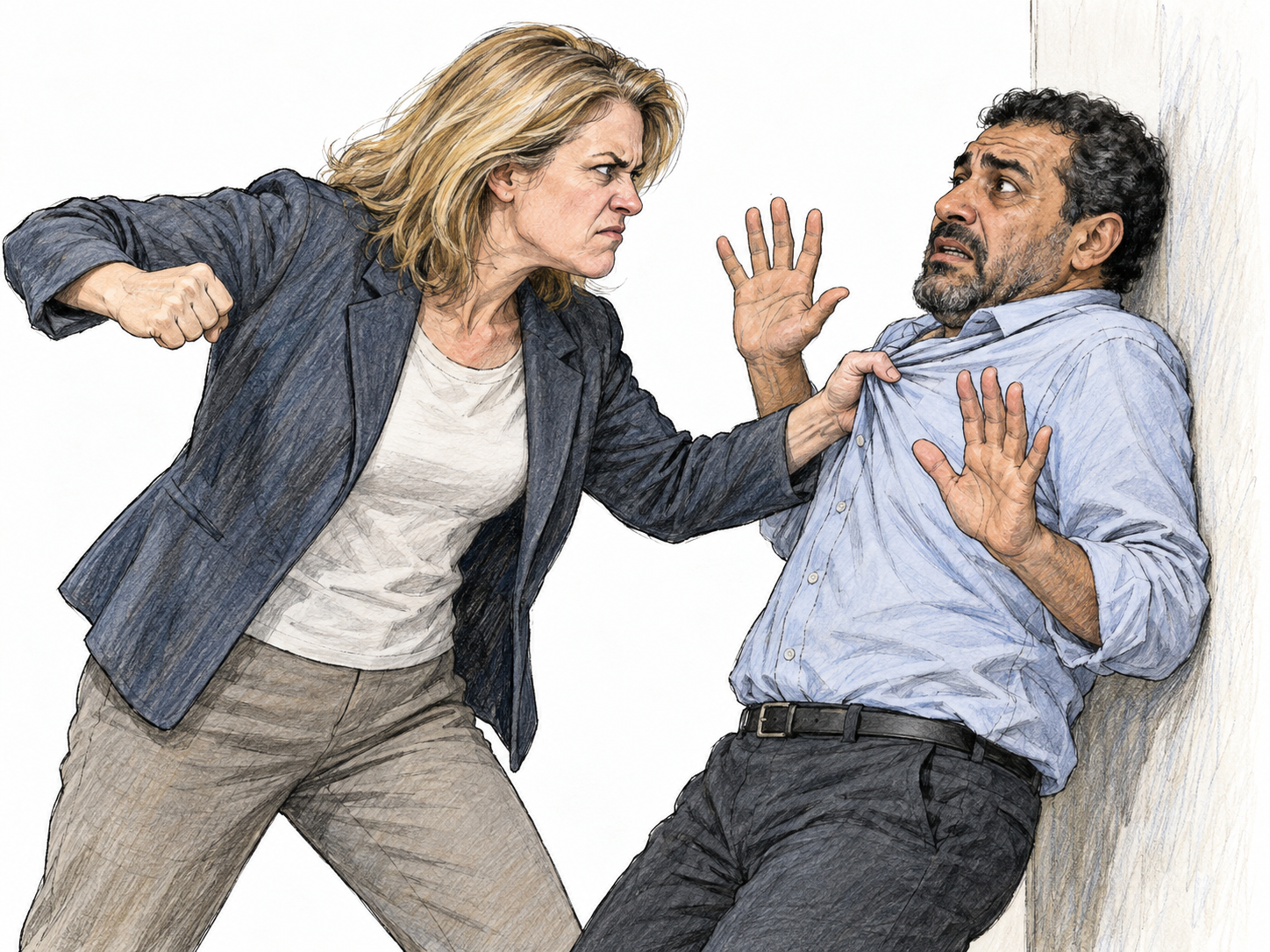 A street aggressor brutally pins an unresisting passerby against a plain wall by his shirtfront and raises a fist to strike; his open defensive hands make the one-sided intimidation clear.