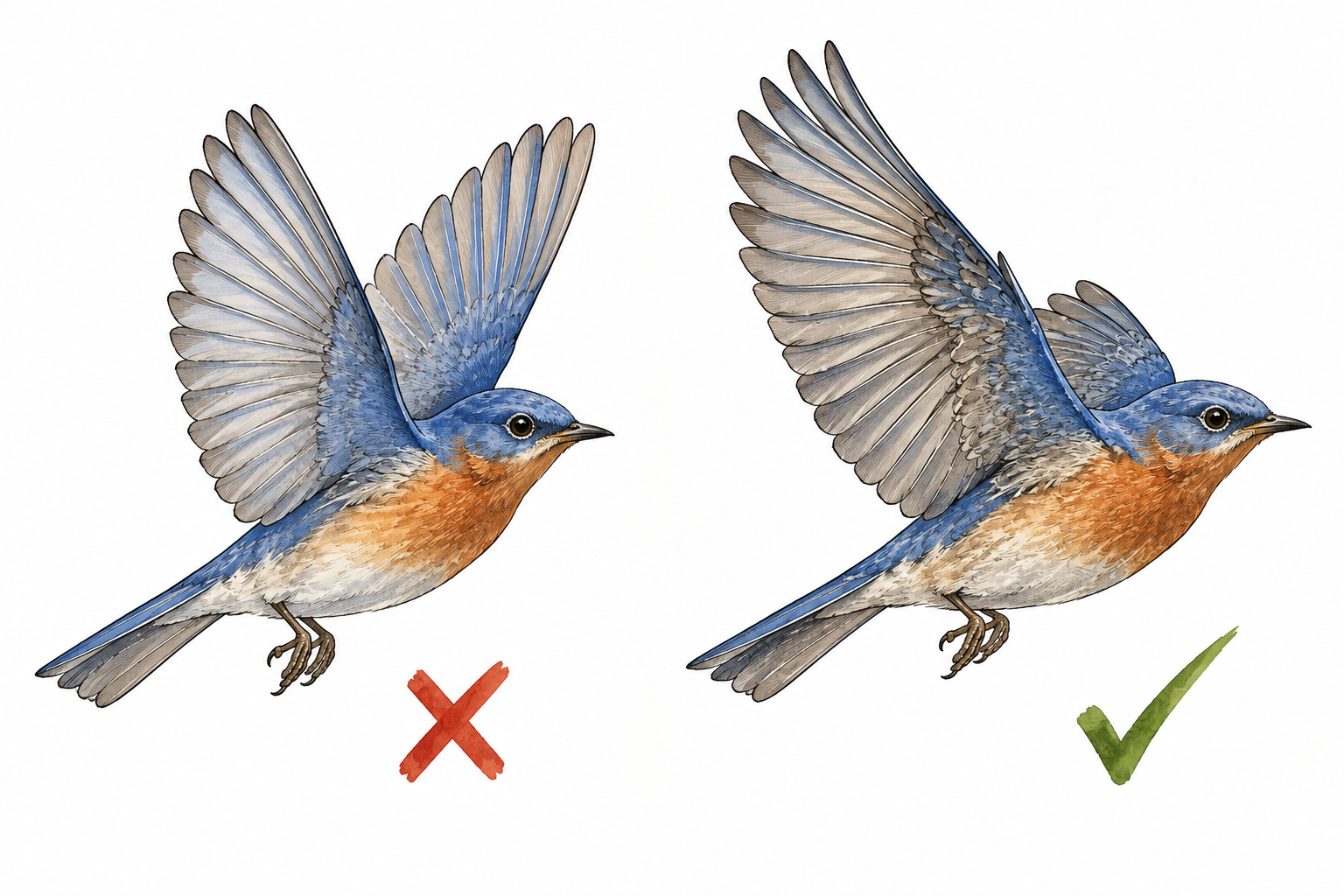 Two side-by-side versions of a simple bird drawing, first flawed and second improved with corrected wings, visible beneficial change.