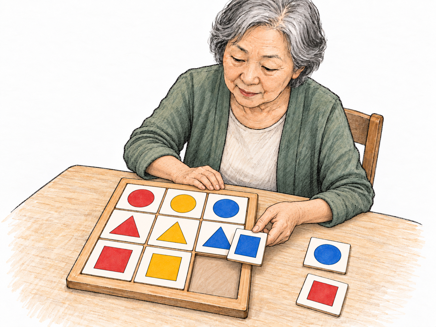 An older woman solves a nonverbal pattern puzzle, selecting the missing tile by recognizing and combining the visible shape and color rules.