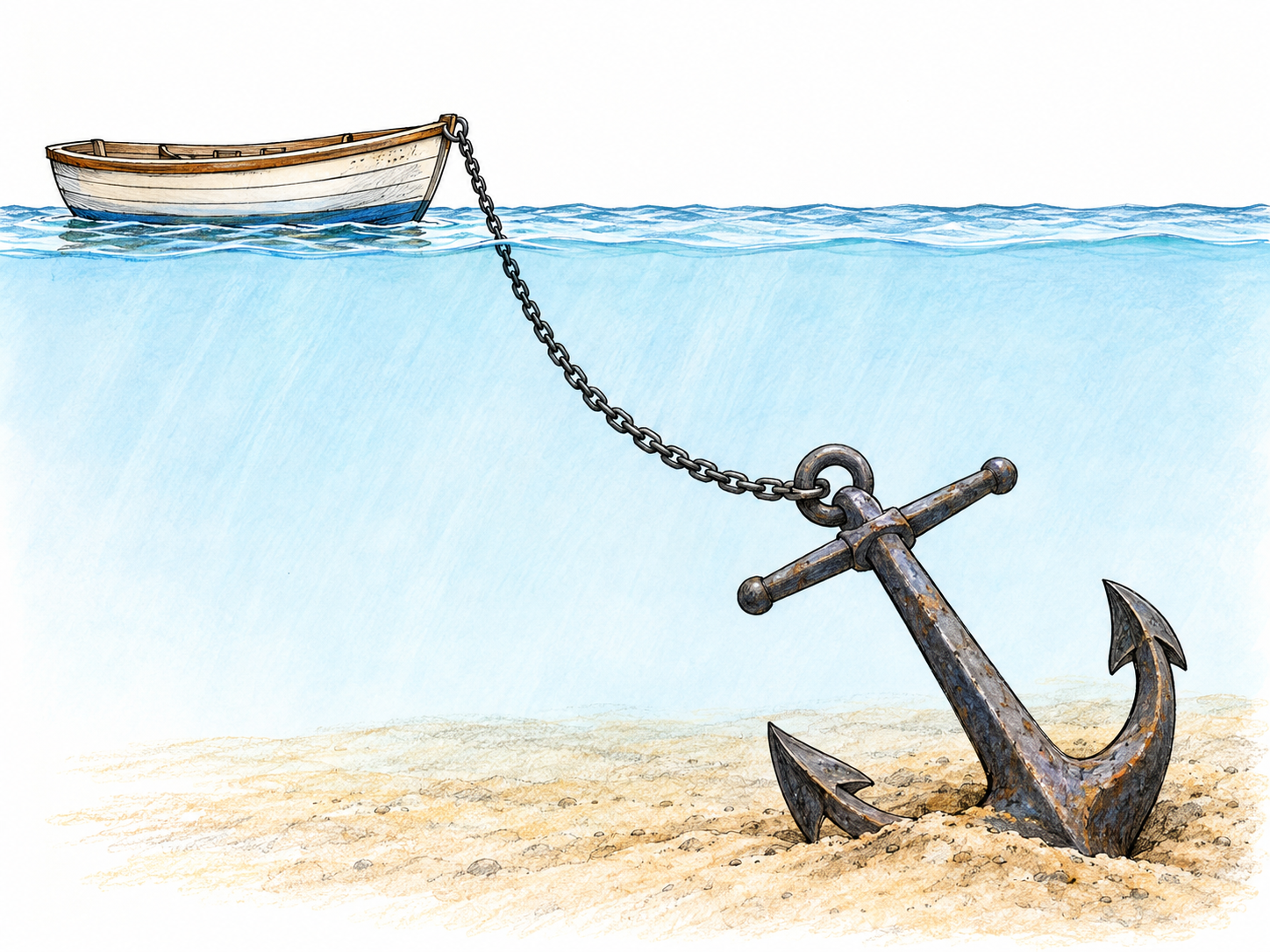 A heavy iron anchor embedded in the seabed, connected by a chain to a small boat above, making both the device and its vessel-holding function visible.