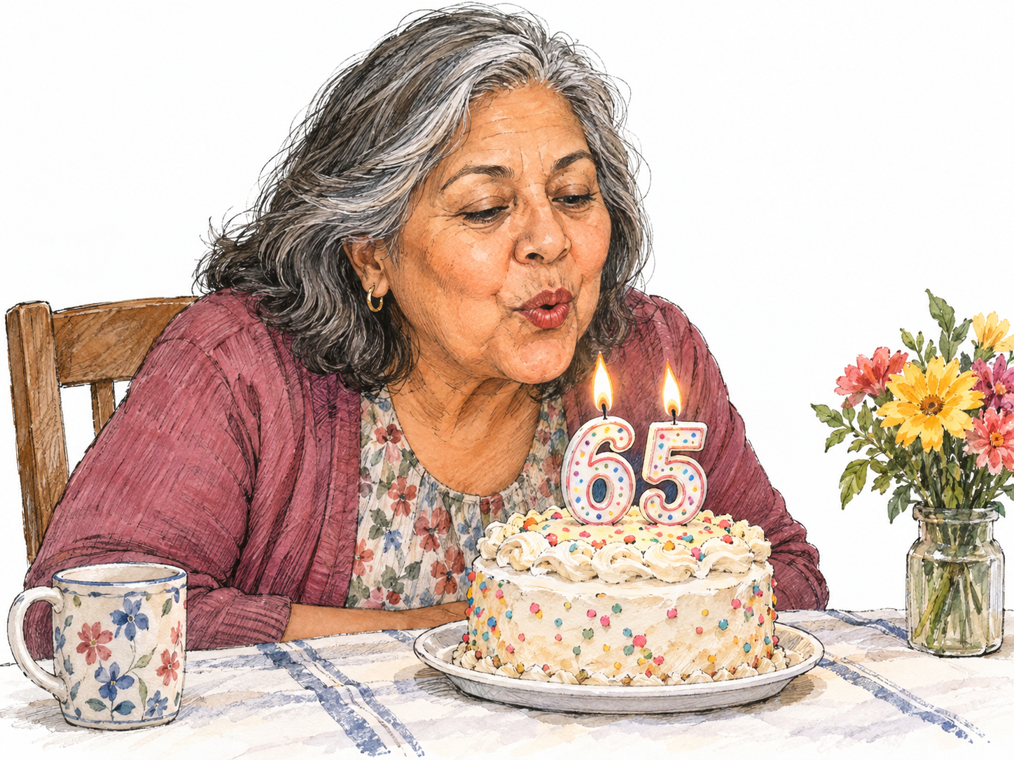 A woman celebrating her sixty-fifth birthday, with prominent numeral candles 6 and 5 on a small birthday cake.