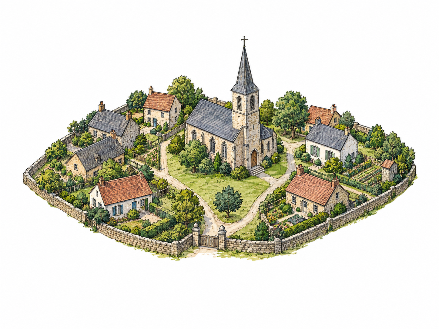 A small local church surrounded by houses inside a modest boundary on illustrated map, parish-scale local district, no letters.
