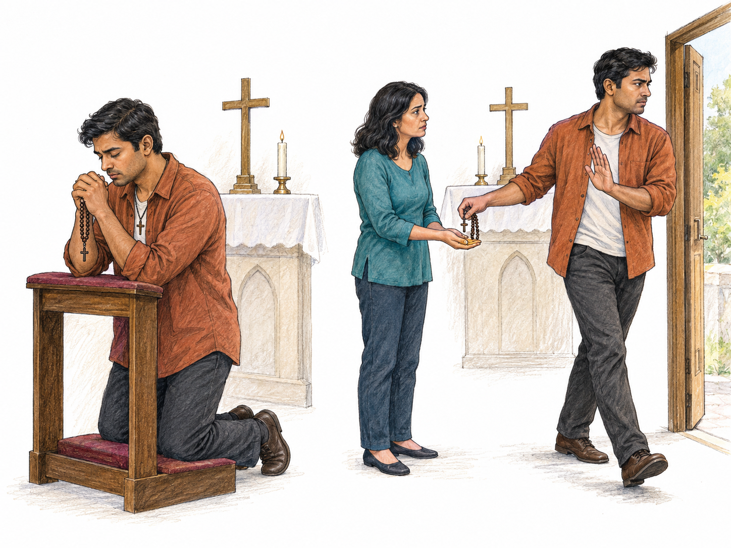 A two-panel sequence follows the same man from visibly practicing a religion to deliberately relinquishing its devotional objects and refusing their return, making both former adherence and abandonment visible.