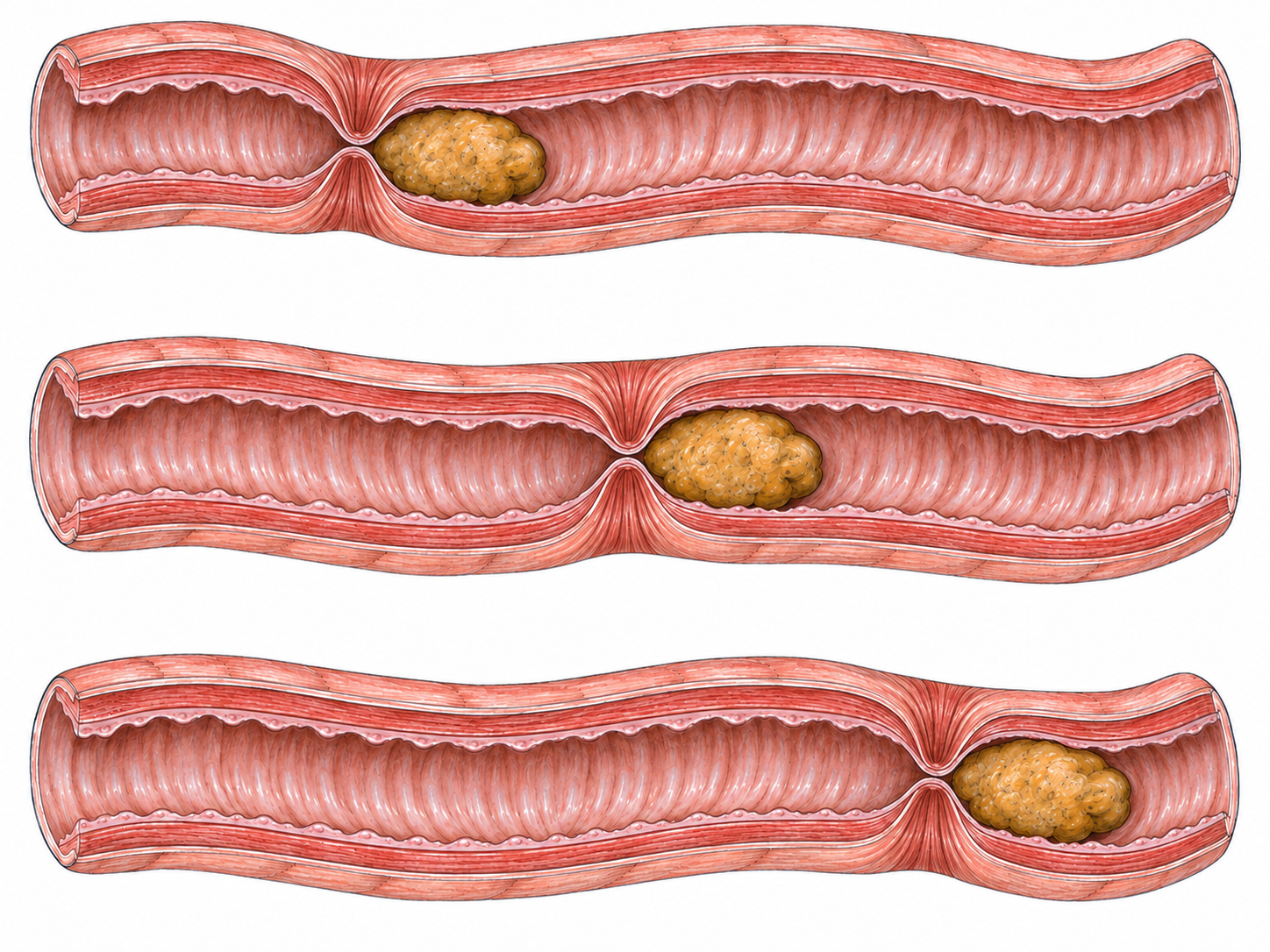 Three successive cutaway views of the same short intestinal segment show a muscular constriction traveling behind a food bolus and pushing it forward.