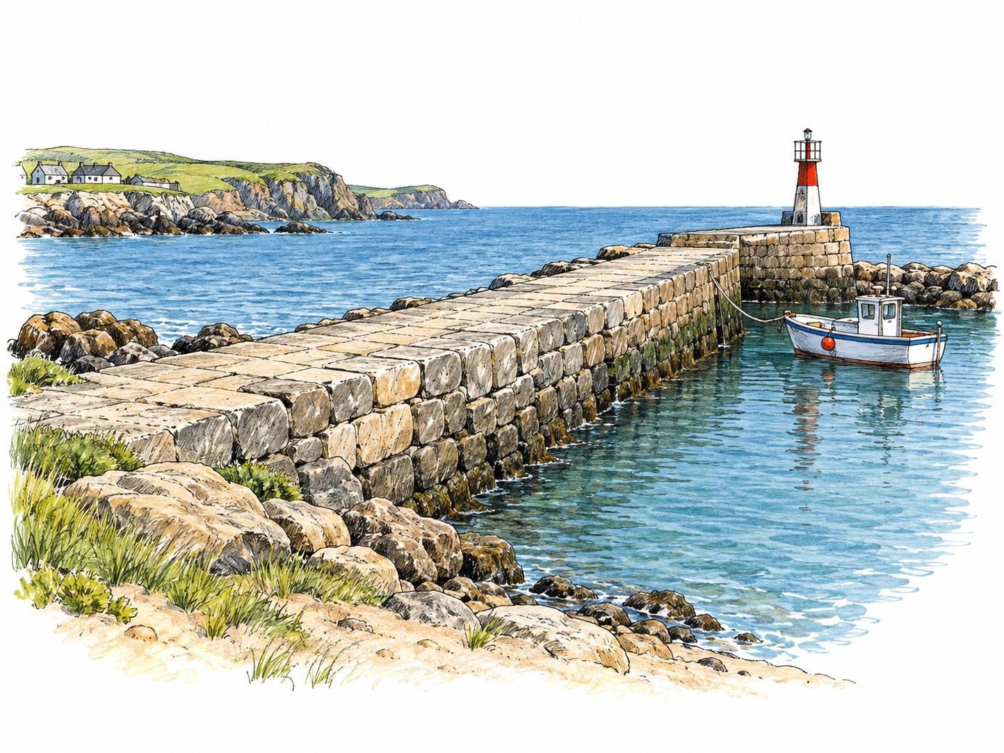 A stone jetty extends from shore into water along a harbor entrance, clearly attached to land; a tiny sheltered boat gives function, no offshore breakwater confusion.