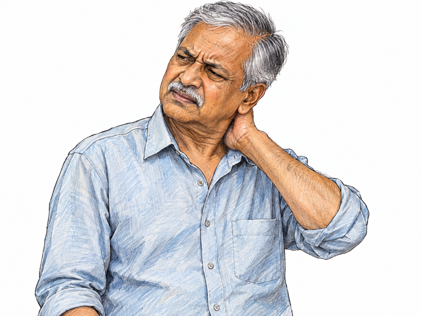 An older man holds the stiff side of his neck, his head awkwardly tilted and his shoulders rigid, wincing as he tries to turn toward the side.