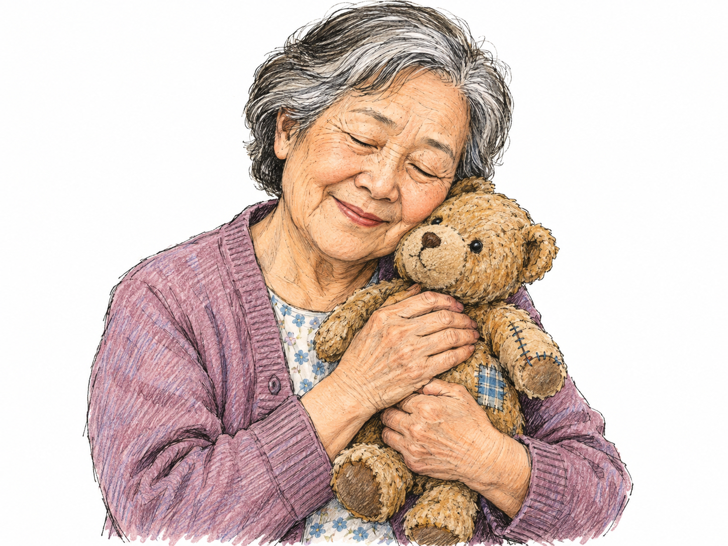 An older woman lovingly cradles a visibly worn teddy bear against her heart, resting her cheek on its head.