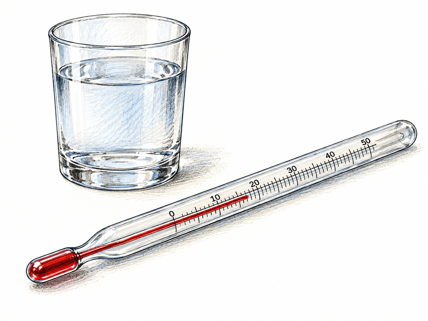 Glass laboratory thermometer with red alcohol column and clear numbered degree scale, resting beside small glass of water; bulb and contiguous column visible, functional scale numbers only.