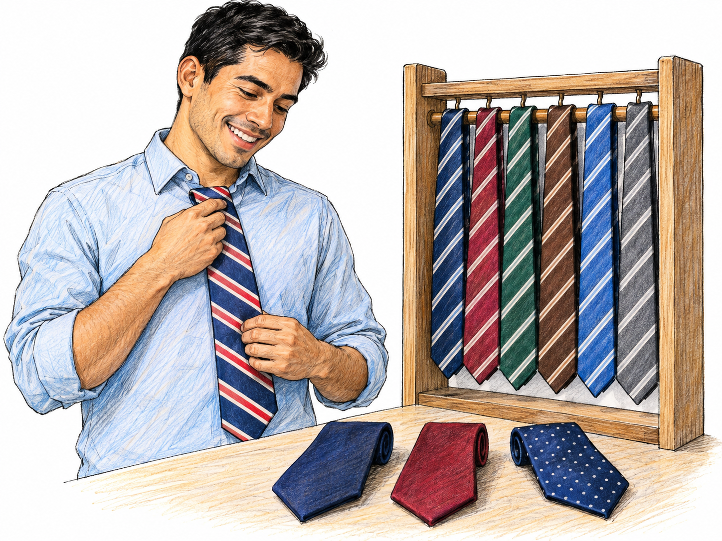 A man enthusiastically chooses another striped tie from several alternatives while his open wardrobe reveals an extensive collection of striped ties, making his strong preference visibly repeated rather than a single arbitrary choice.