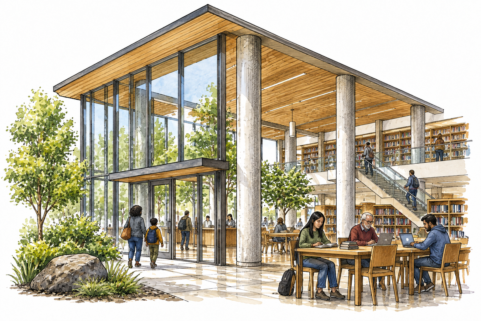 A well-designed public library combines structural columns, generous windows and coherent interior space.