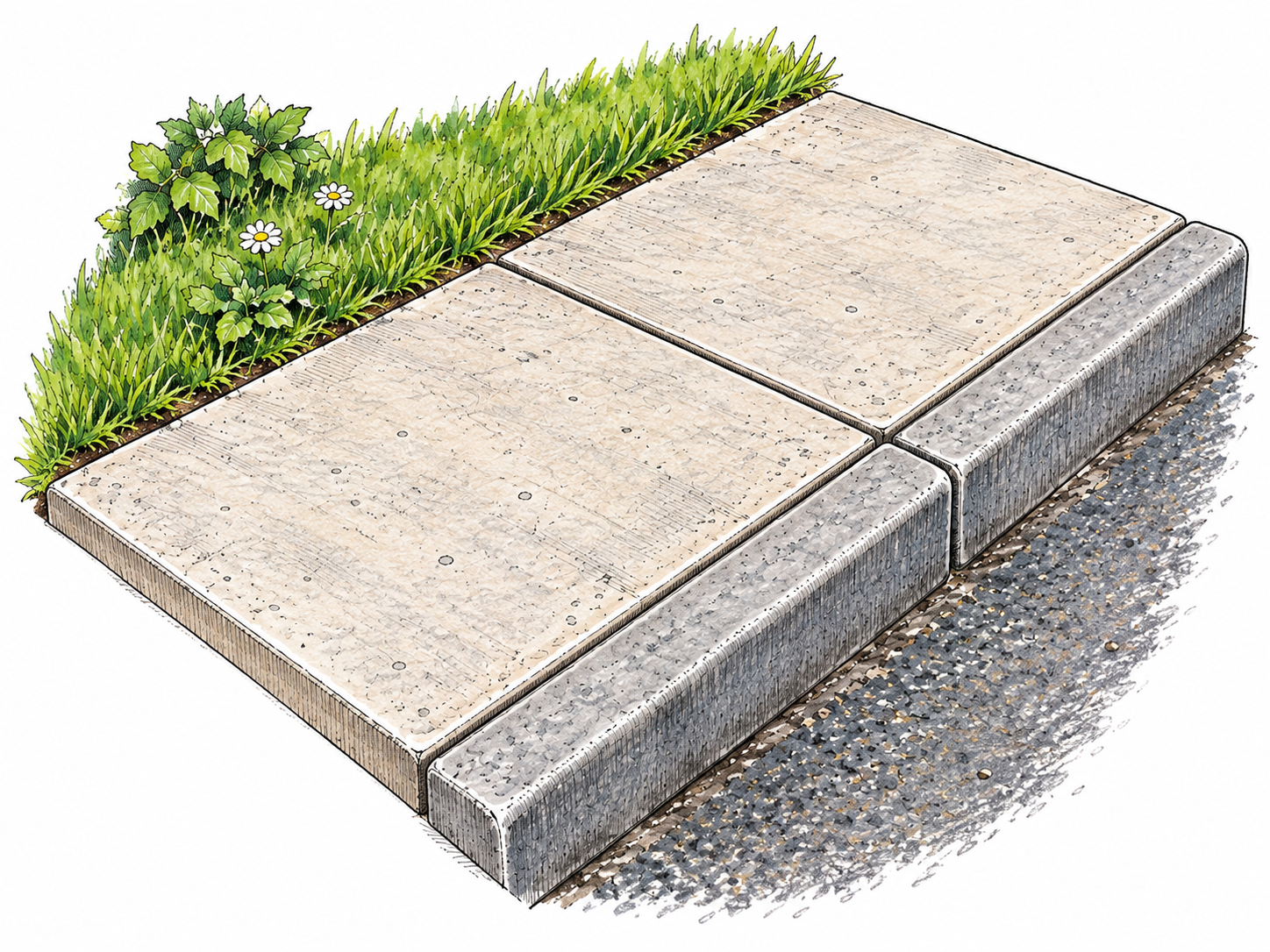 A neat paved sidewalk segment shows joined slabs and a curb beside a small strip of grass; clear hard-surface covering.