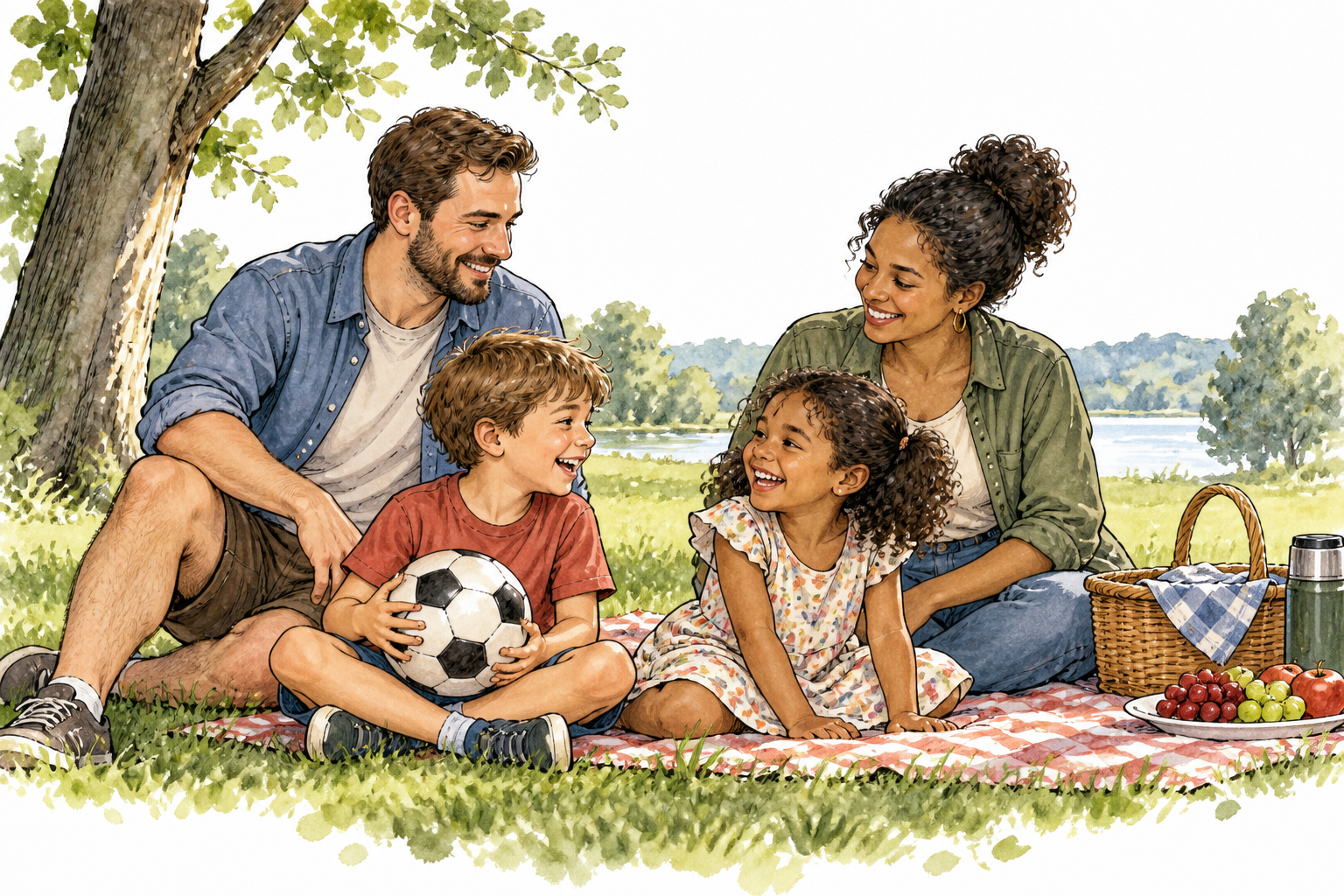 Two children with their respective parents gather at a family picnic; the parents are siblings, show family context without unsupported visual labels.