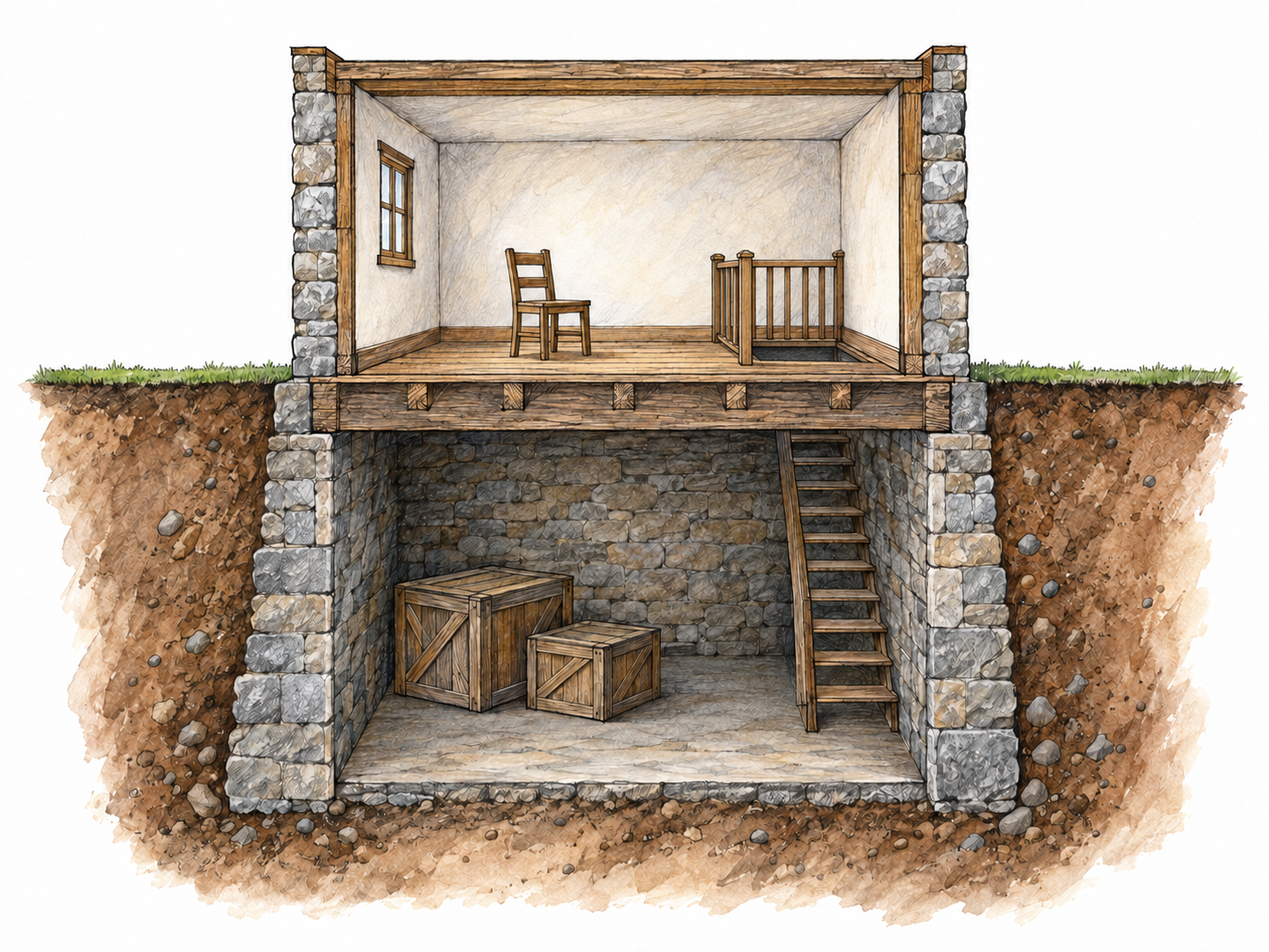 A simple cutaway of a house shows a cellar directly beneath the ground-floor room, making the lower, nether space visibly clear.