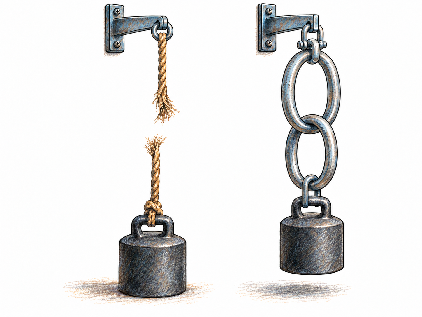 Two seamless interlocked steel rings remain inseparable under a load that has snapped an ordinary cord, presenting a concrete unbreakable bond rather than another liquid-separation scene.