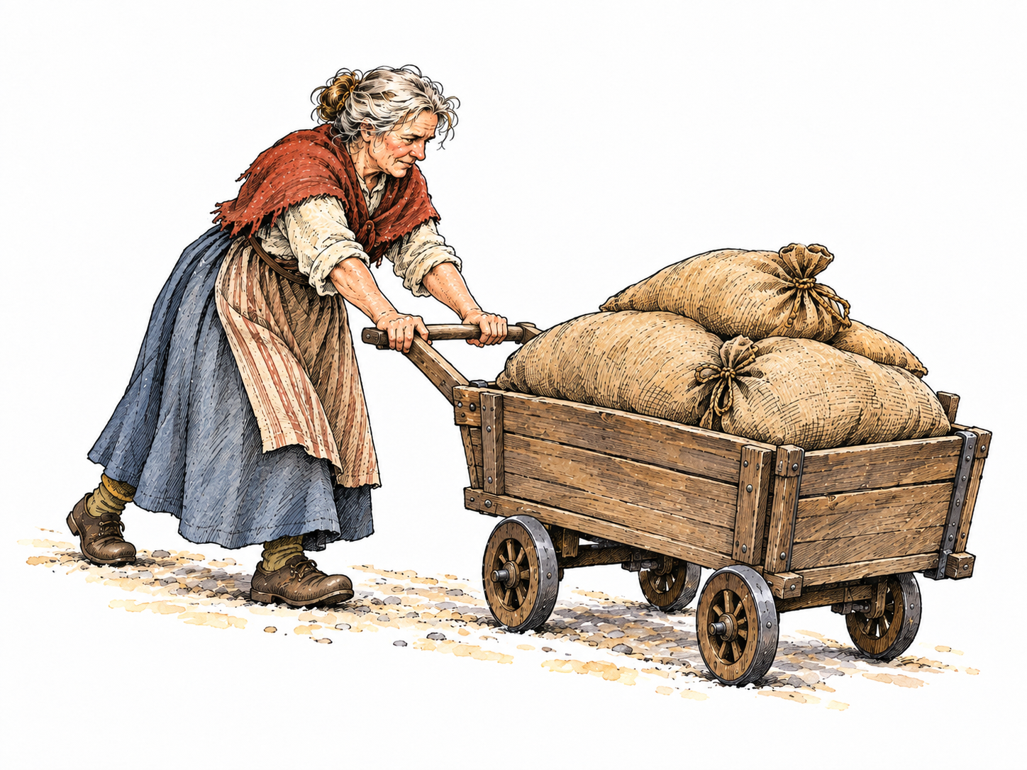 An older white woman slowly pushes a heavy wooden cart loaded with sacks over a garden path.