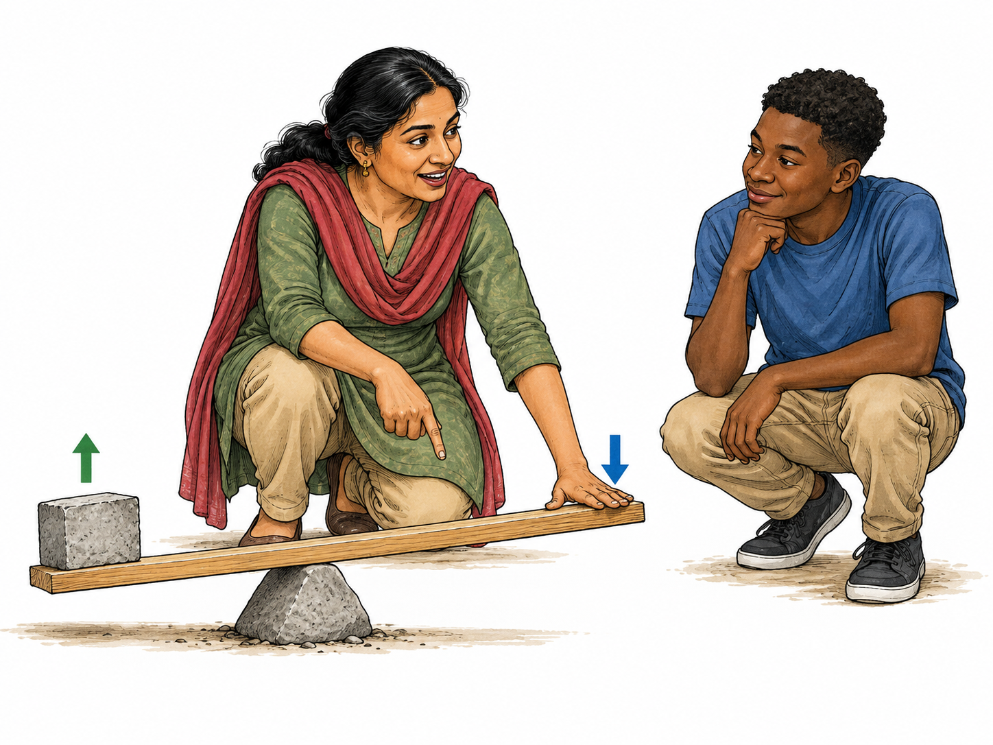 An adult explains how a simple lever raises a small block by pressing down its long arm, listener observes with understanding, physically correct fulcrum between load and effort.