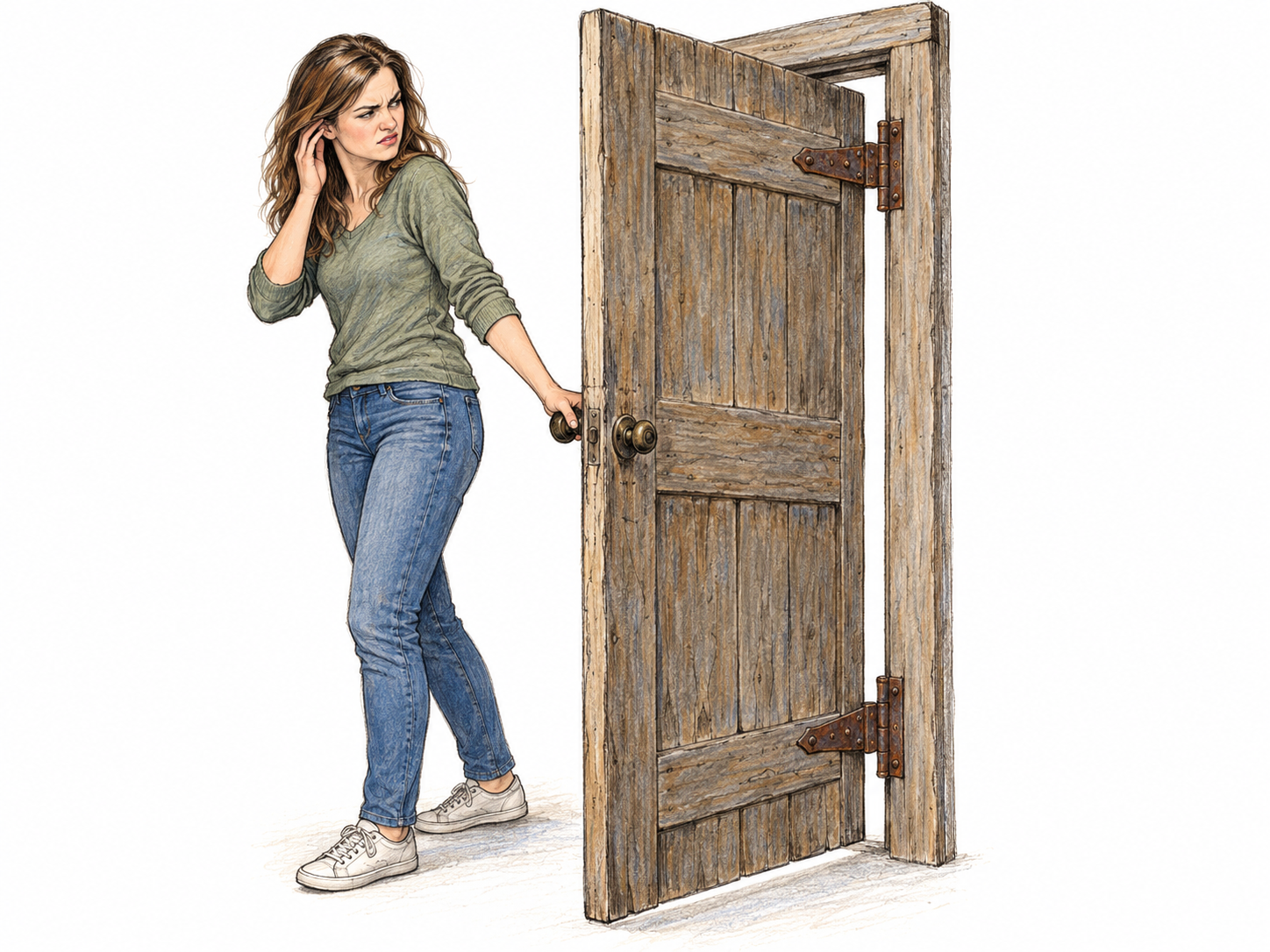 A woman slowly opens an old wooden door and winces toward its rusty hinges, visibly linking an unpleasant sound to the door's movement.