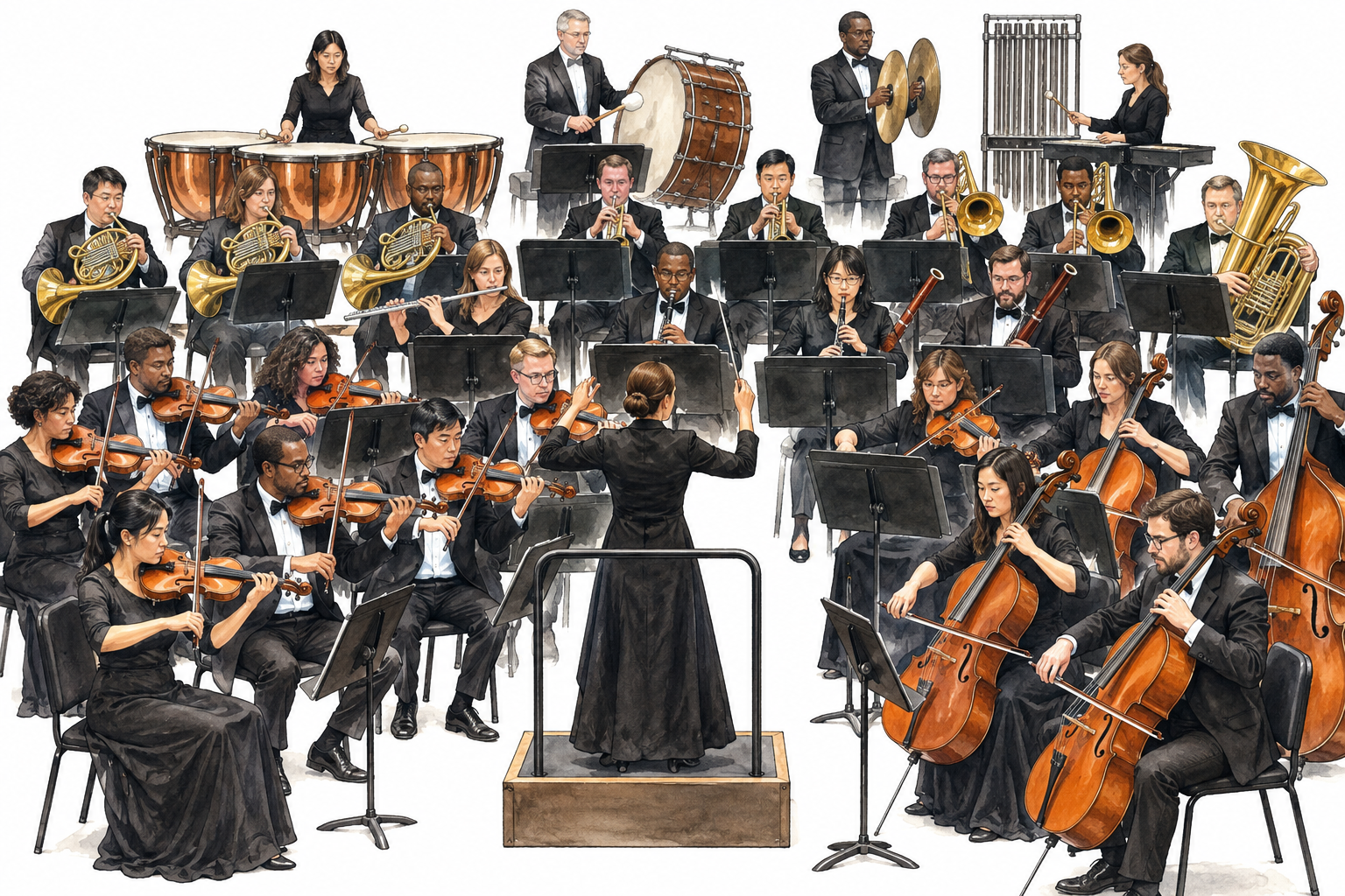 Full diverse orchestra performs in concert hall led by female conductor, strings winds brass percussion visible in coherent sections.